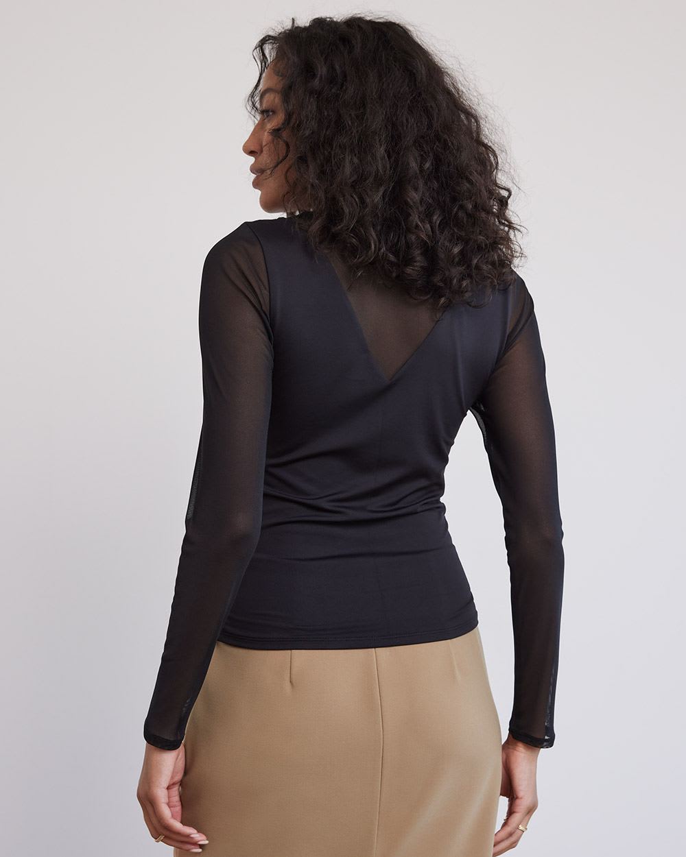 Sheer-Long-Sleeve Mock-Neck Tee