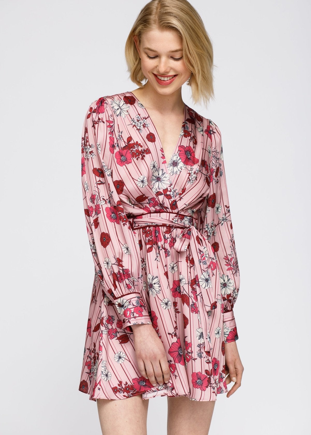 Nurode Pajama floral Satin Wrap Front Flared Dress