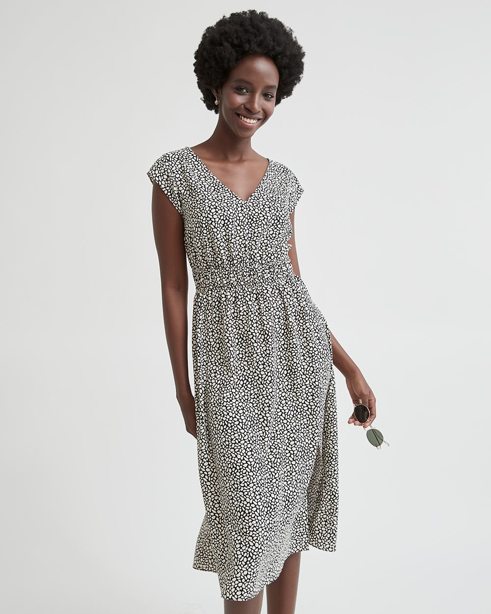 Dotted Fit and Flare V-Neck Dress