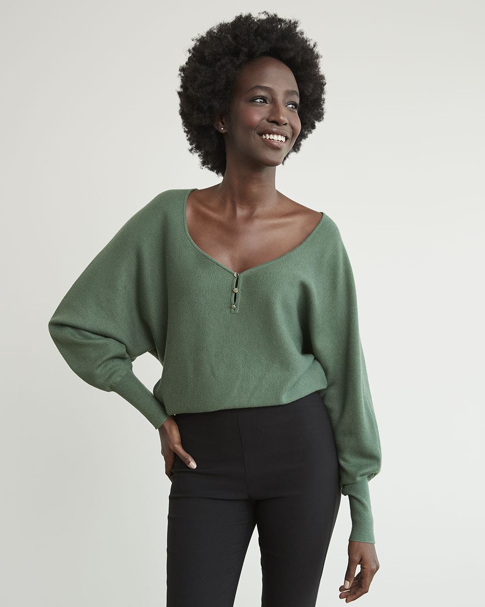Batwing-Sleeve Sweater with Sweetheart Neckline