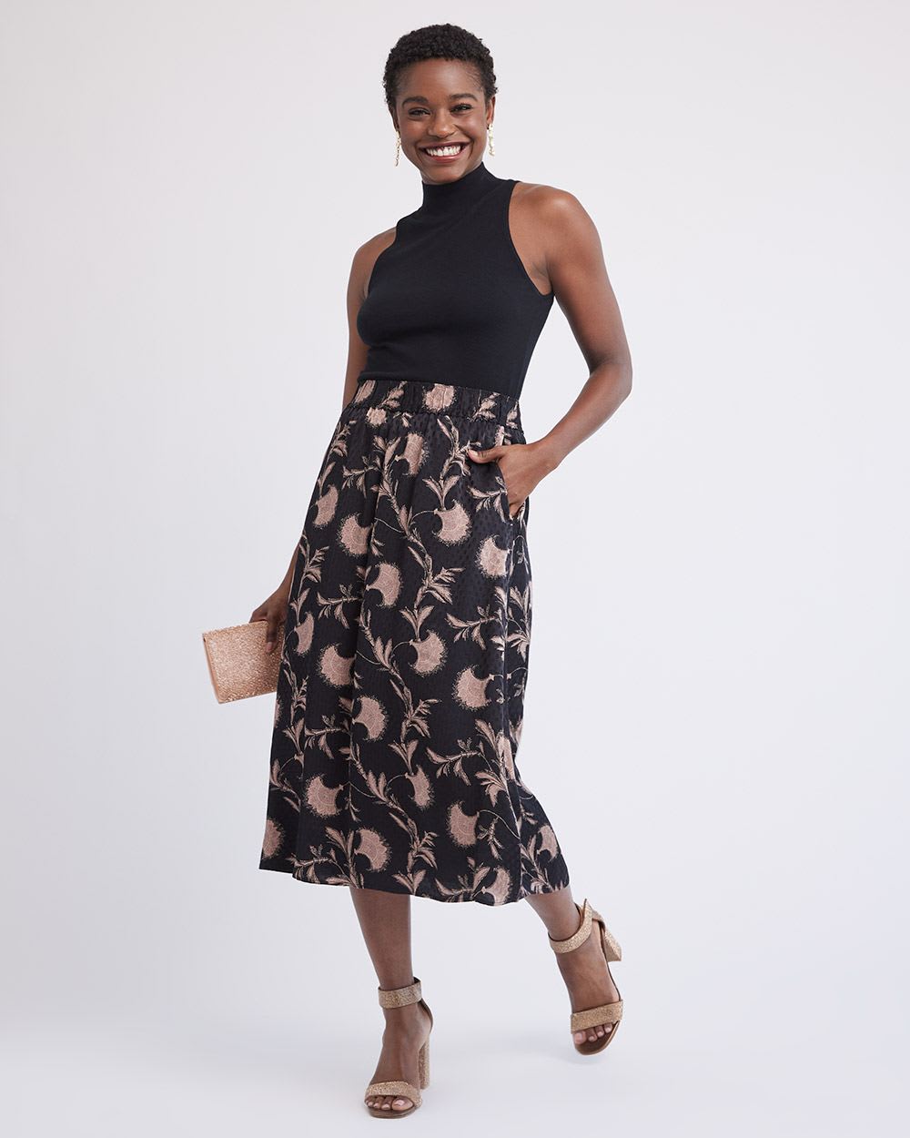 High-Waisted Flare Fluid Midi Skirt