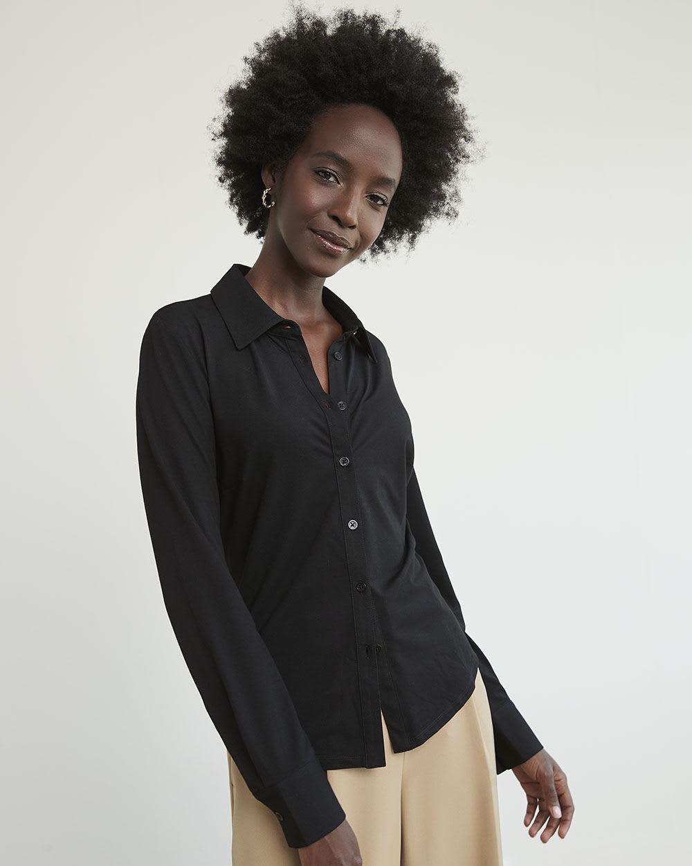 Black Long-Sleeve Buttoned-Down Piqué Top with Shirt Collar