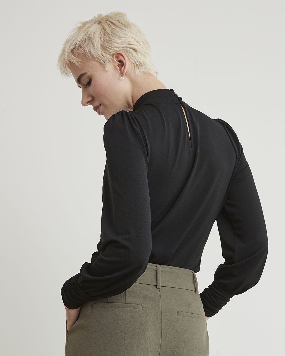 Mock-Neck T-Shirt with Long Puffy Sleeves