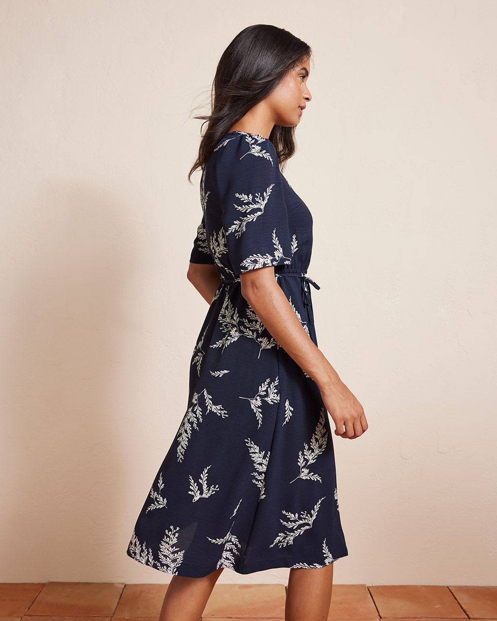 3/4-Sleeve Fluid Fit and Flare Midi Dress with V Neckline