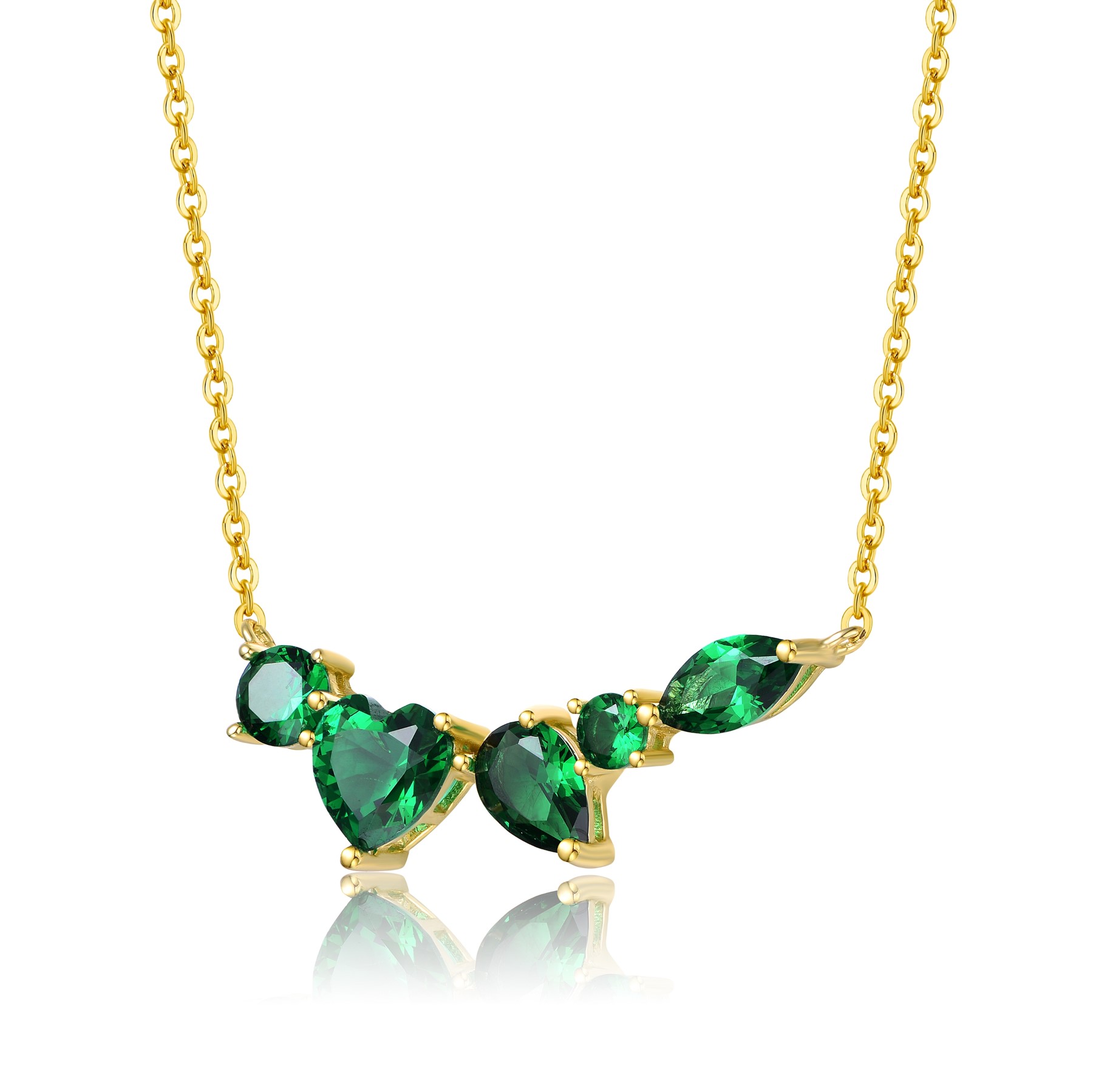 GV Sterling Silver 14k Yellow Gold Plated Mixed Cut Emerald Cubic Zirconia Cluster Necklace