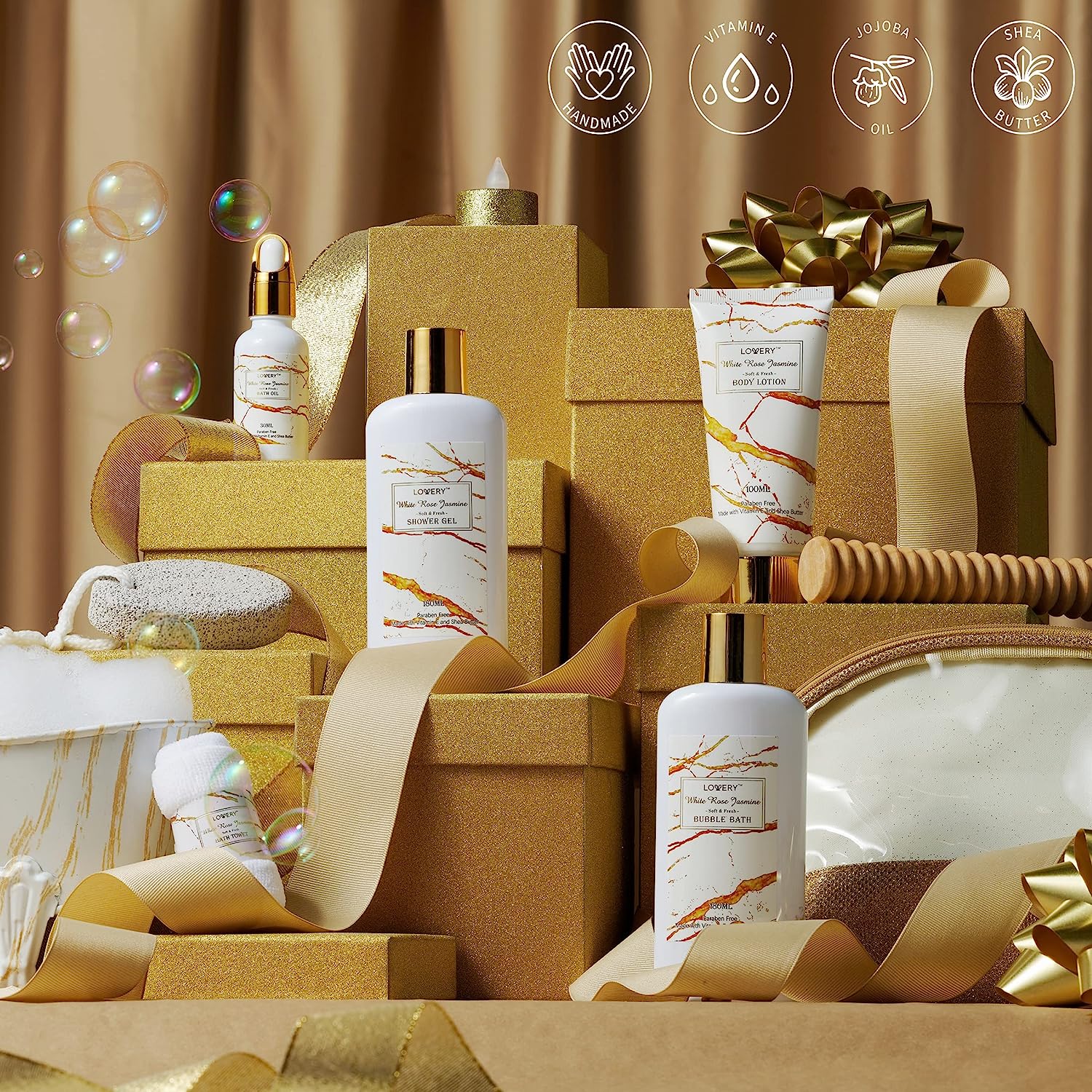 Lovery Home Spa Gift Basket, Self Care Gifts, White Rose Jasmine Bath & Body Gift Basket