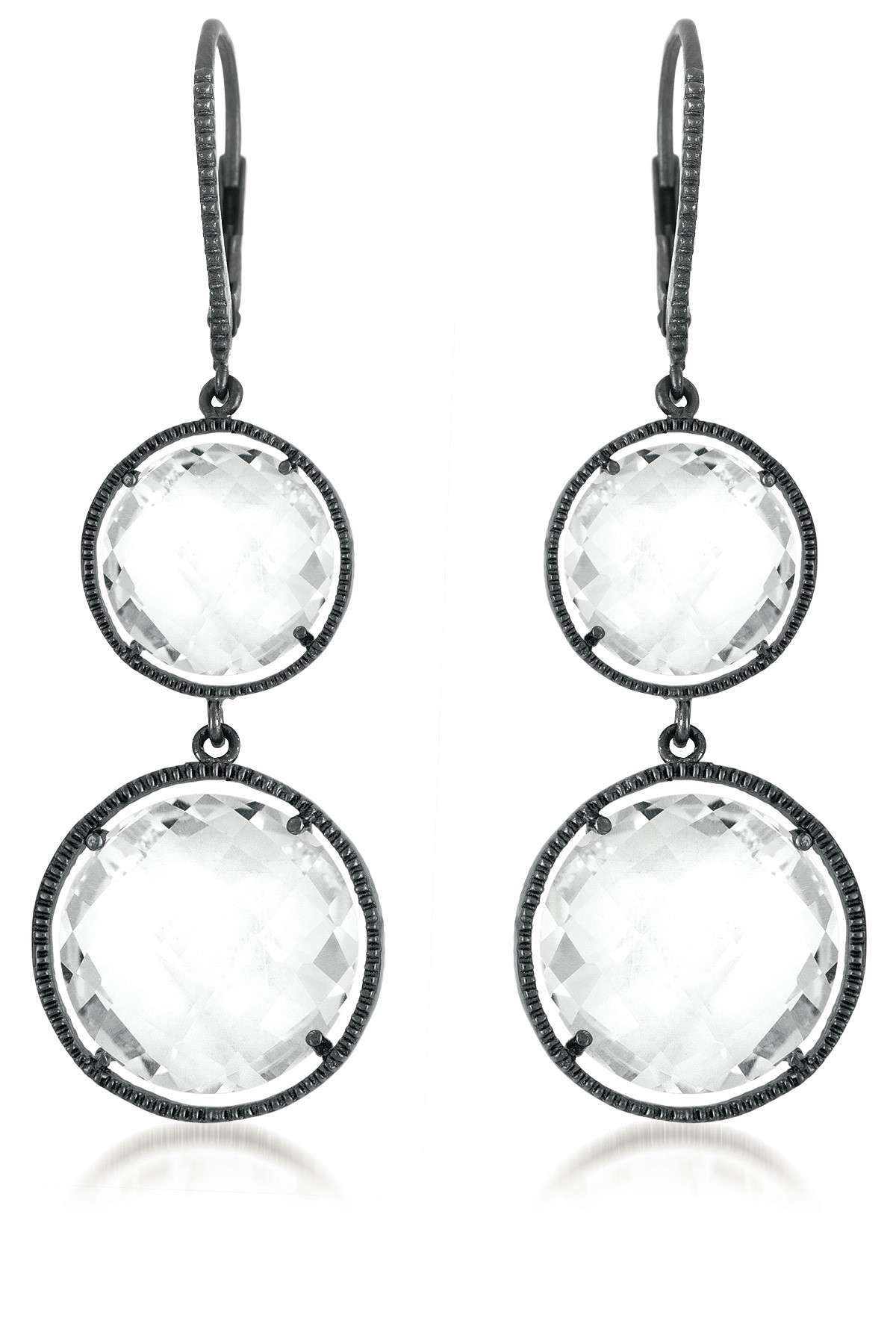GV Cubic Zirconia Sterling Silver Black Plated or clear Double Round Clear Quartz Drop Earrings