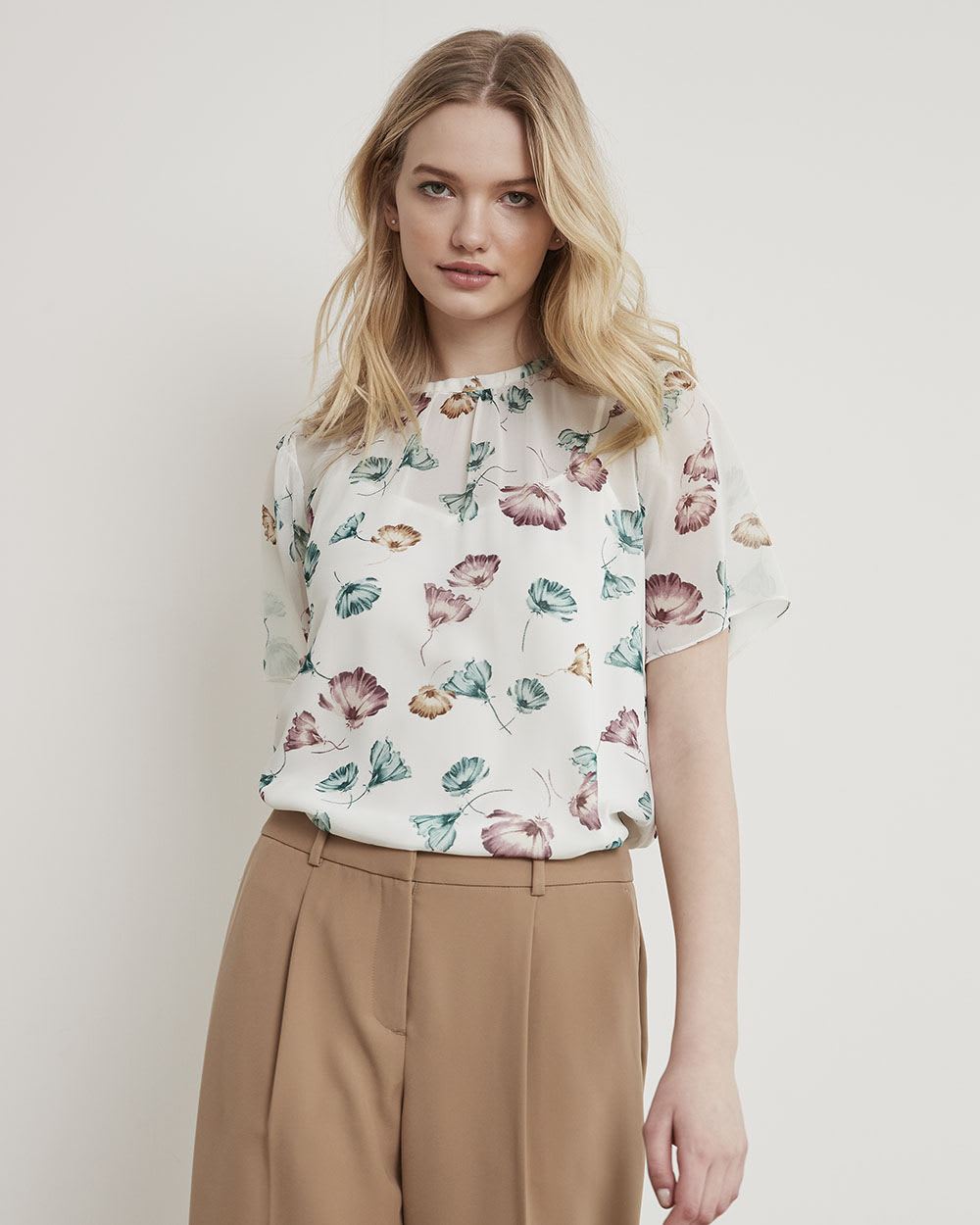 Short-Sleeve Chiffon Blouse with Removable Lining