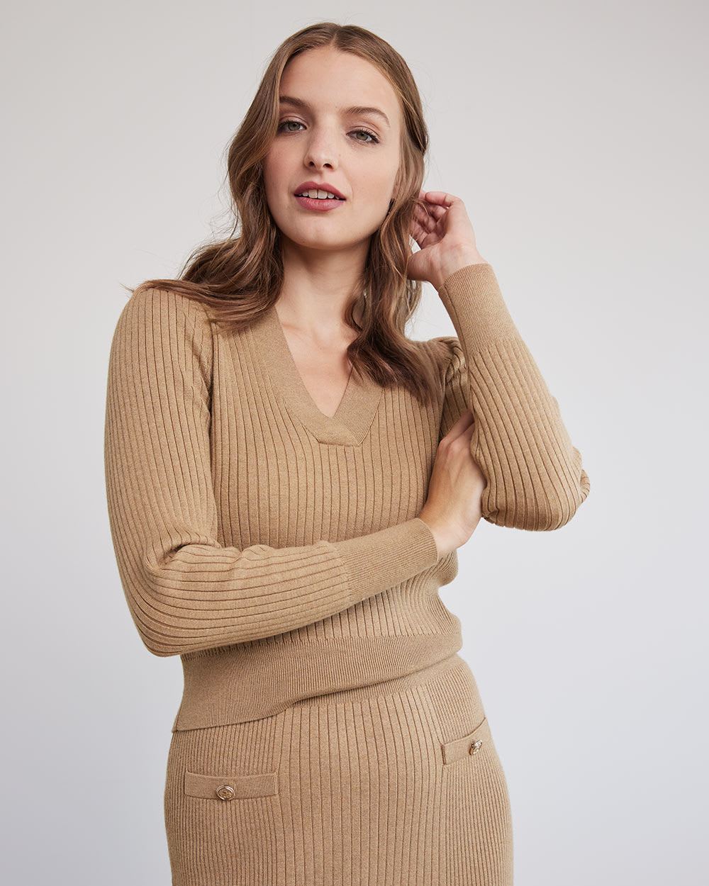 Cropped V-Neck Sweater with Long Puffy Sleeves