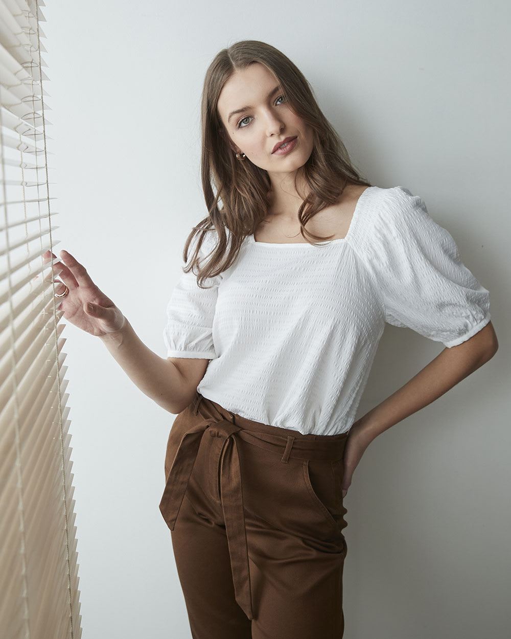 Textured Weave Puffy Sleeve Square-Neck Blouse