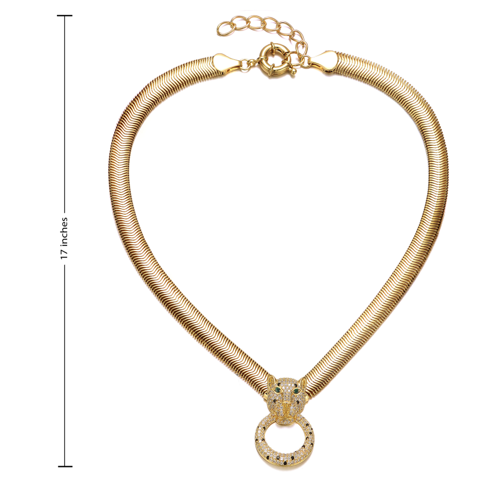 RG 14k Yellow Gold Plated with Emerald & Cubic Zirconia Panther Head Door Knocker Wire Herringbone Chain Necklace - Adjustable w/ Extension Chain