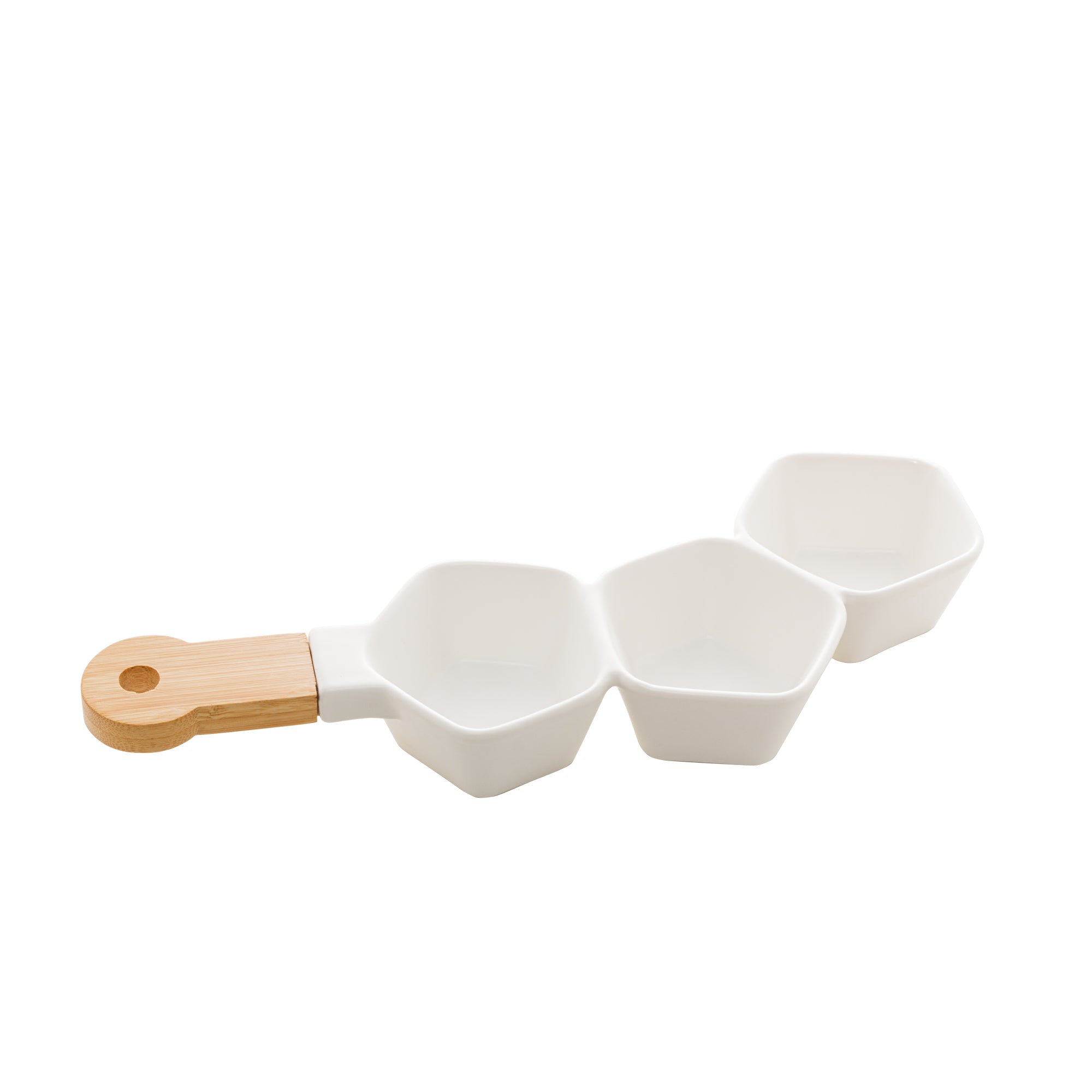 Matt Collection Snack Dish With Divided Porcelain Compartments and Bamboo Handle 36x13x5cm