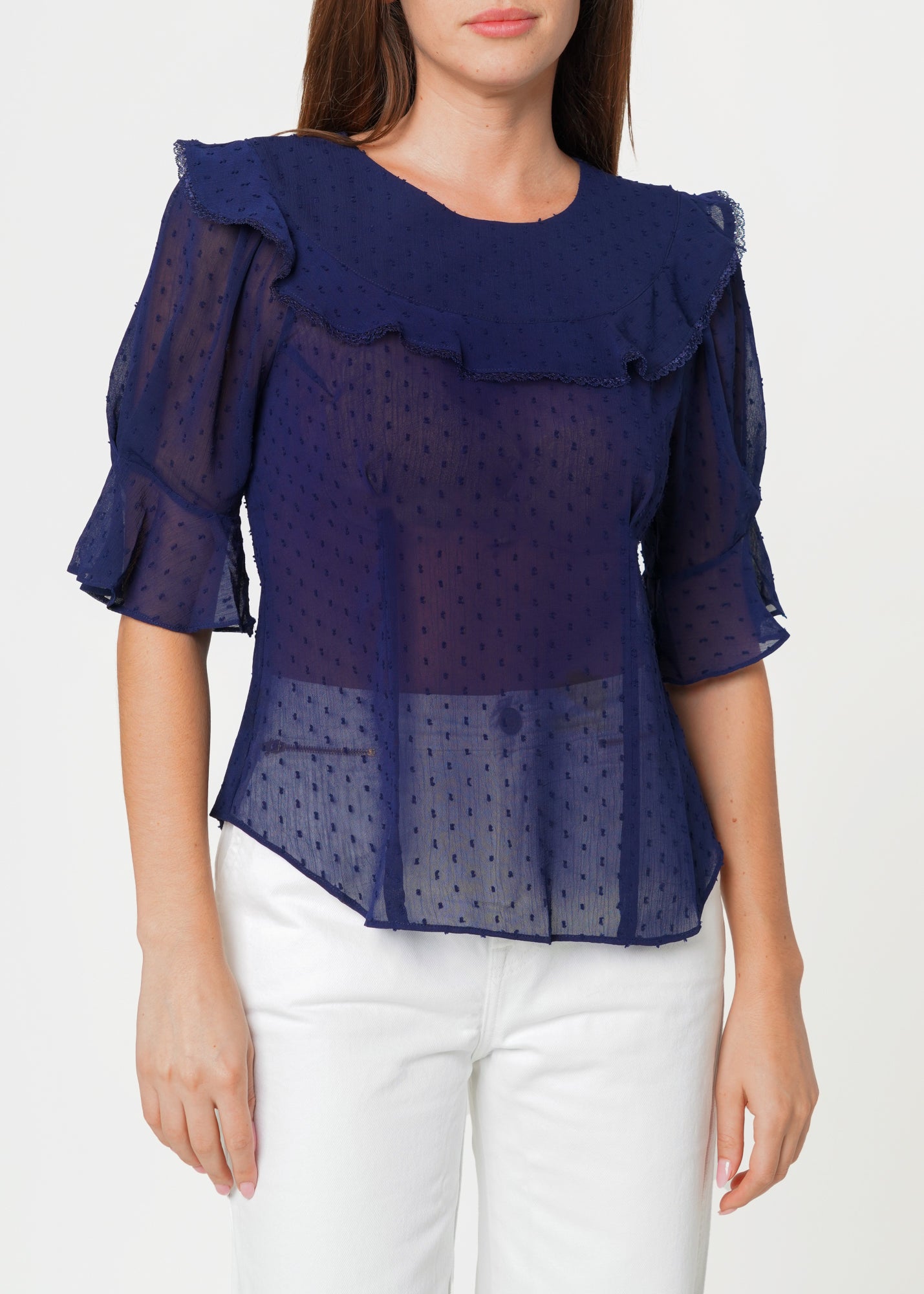 Nurode Swiss Dot Ruffle Sleeve Top