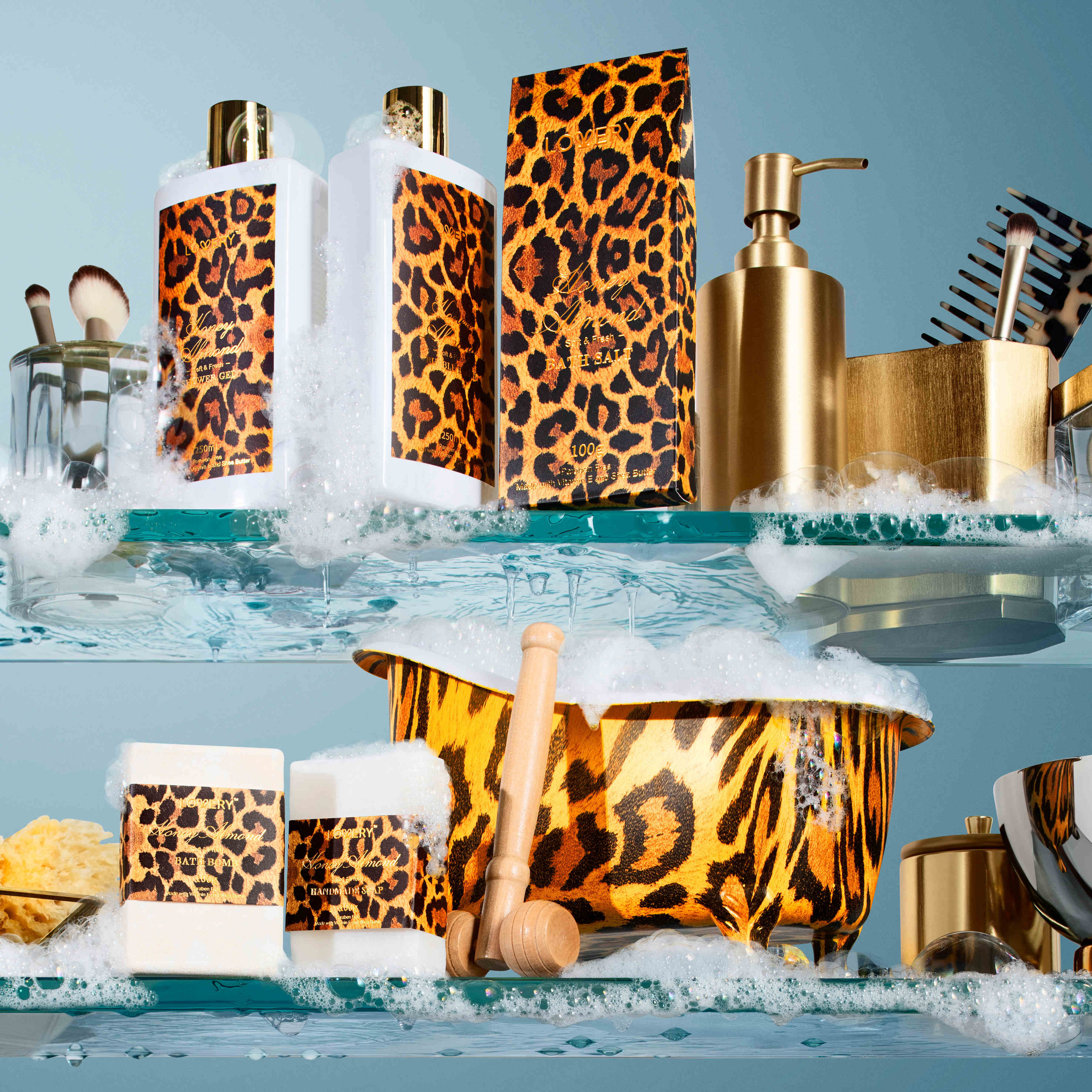 Lovery Bath & Body Gift Basket - 18pc Honey Almond Home Bath Pampering Package In Leopard Print
