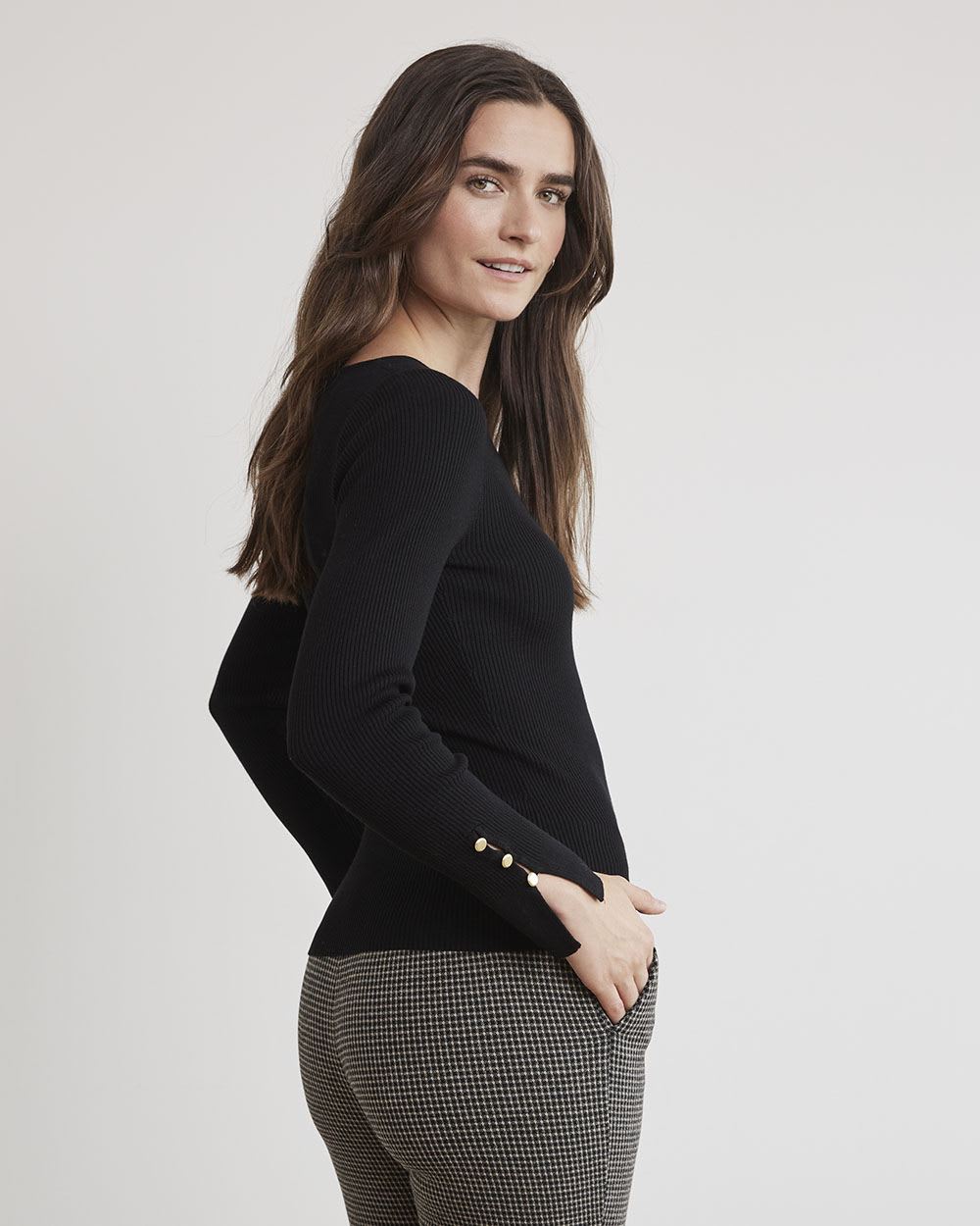 Long-Sleeve Fitted Sweater with Boat Neckline
