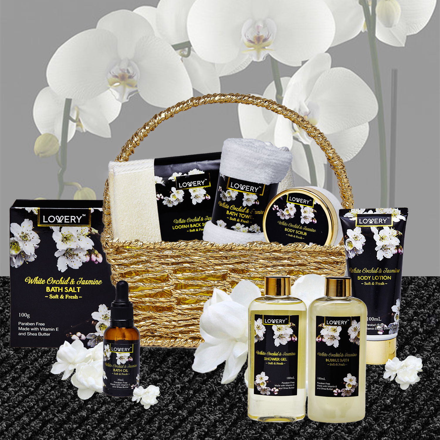Lovery Bath & Body Gift - Orchid & Jasmine - Body Scrubs, Lotions & More - 9pc
