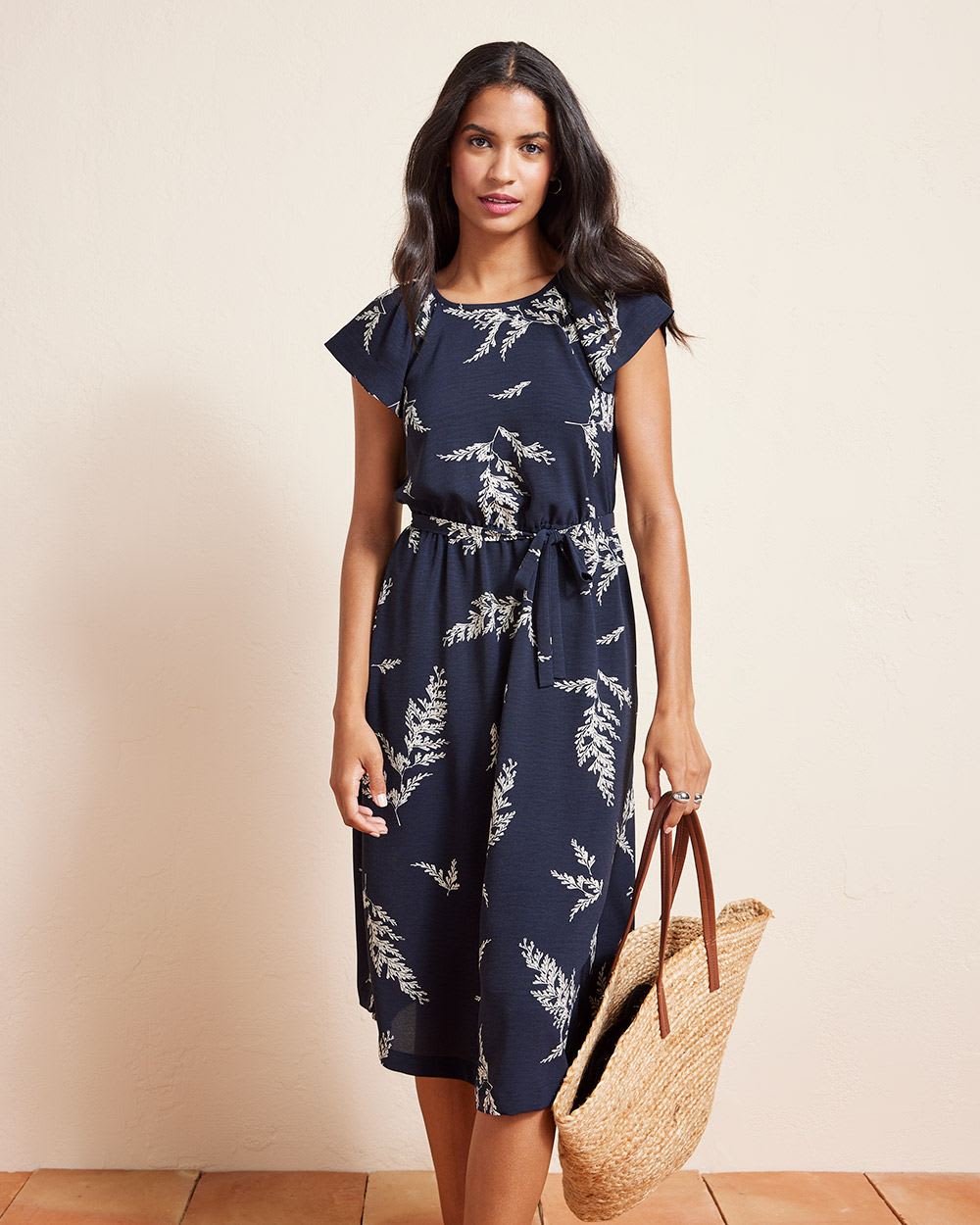 Extended-Sleeve Fluid Fit and Flare Midi Dress with Crew Neckline