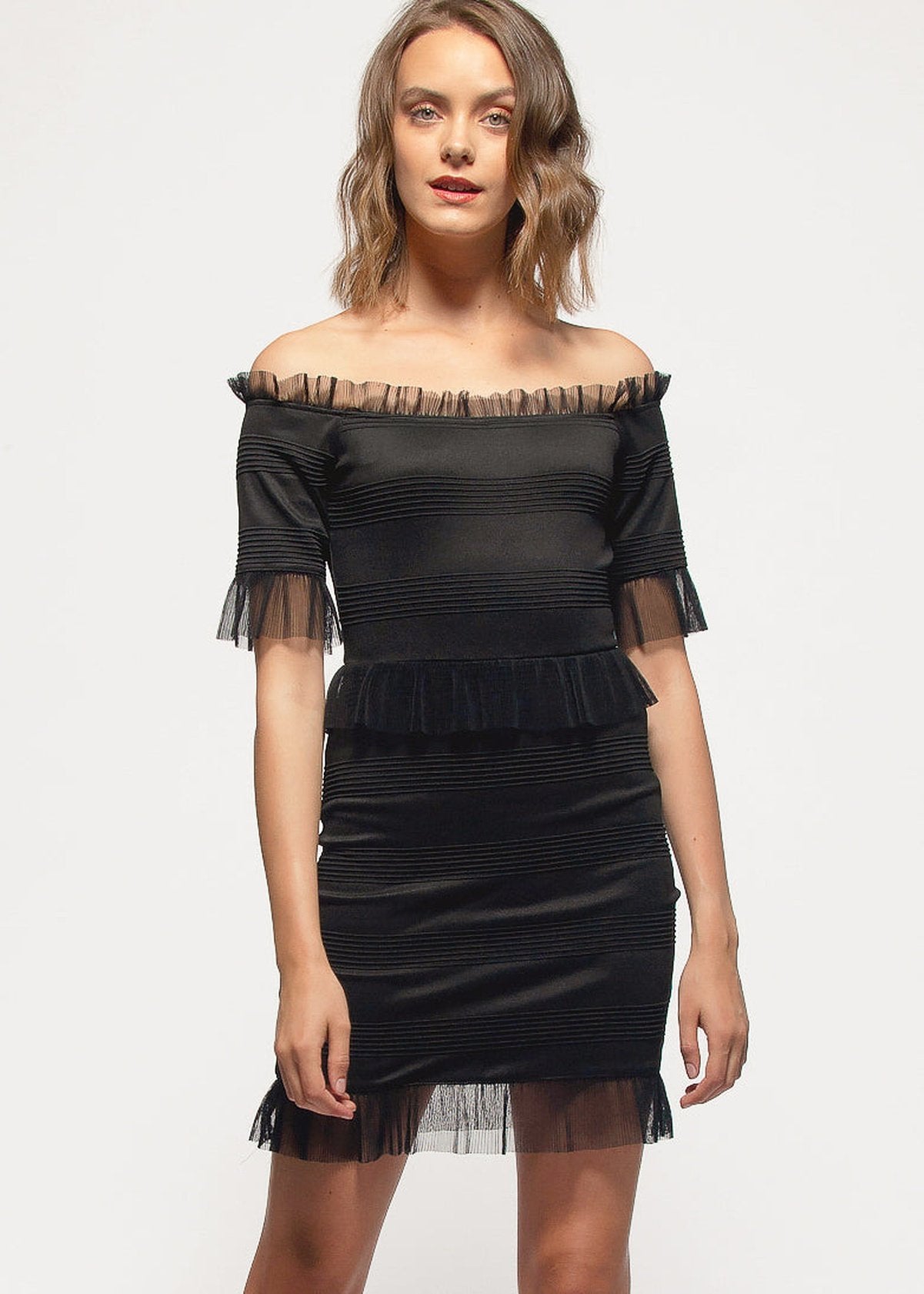 Nurode Off Shoulder Lace Trim Bodycon Dress
