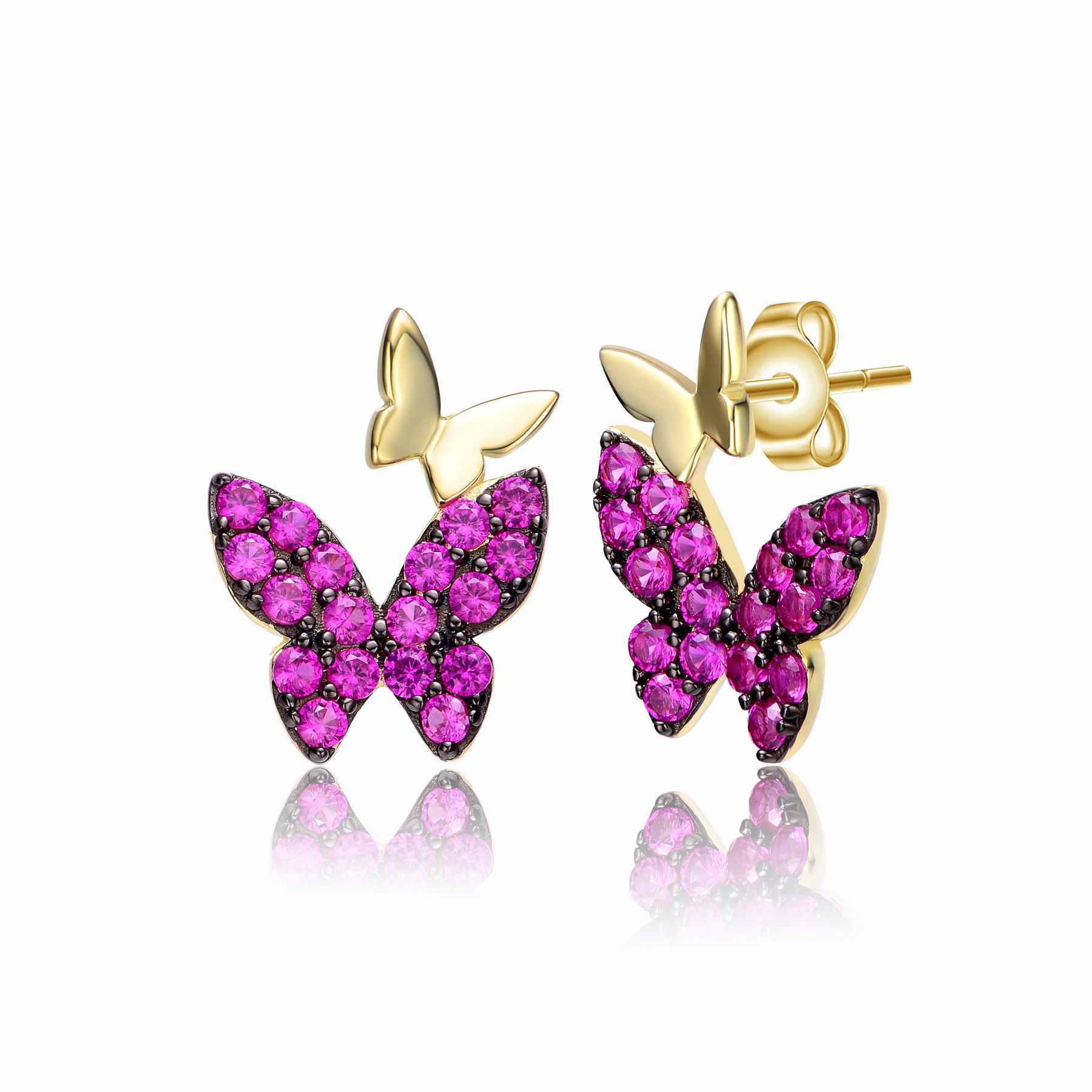 GV Sterling Silver 14k Yellow Gold Plated with Ruby Cubic Zirconia Double Butterfly Drop Earrings