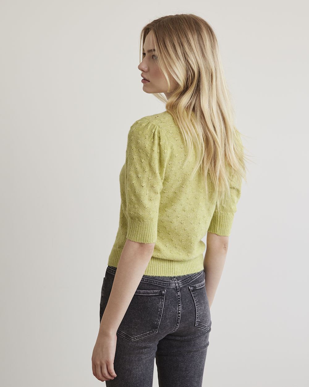 Short-Sleeve Crew-Neck Sweater with Fancy Stitches