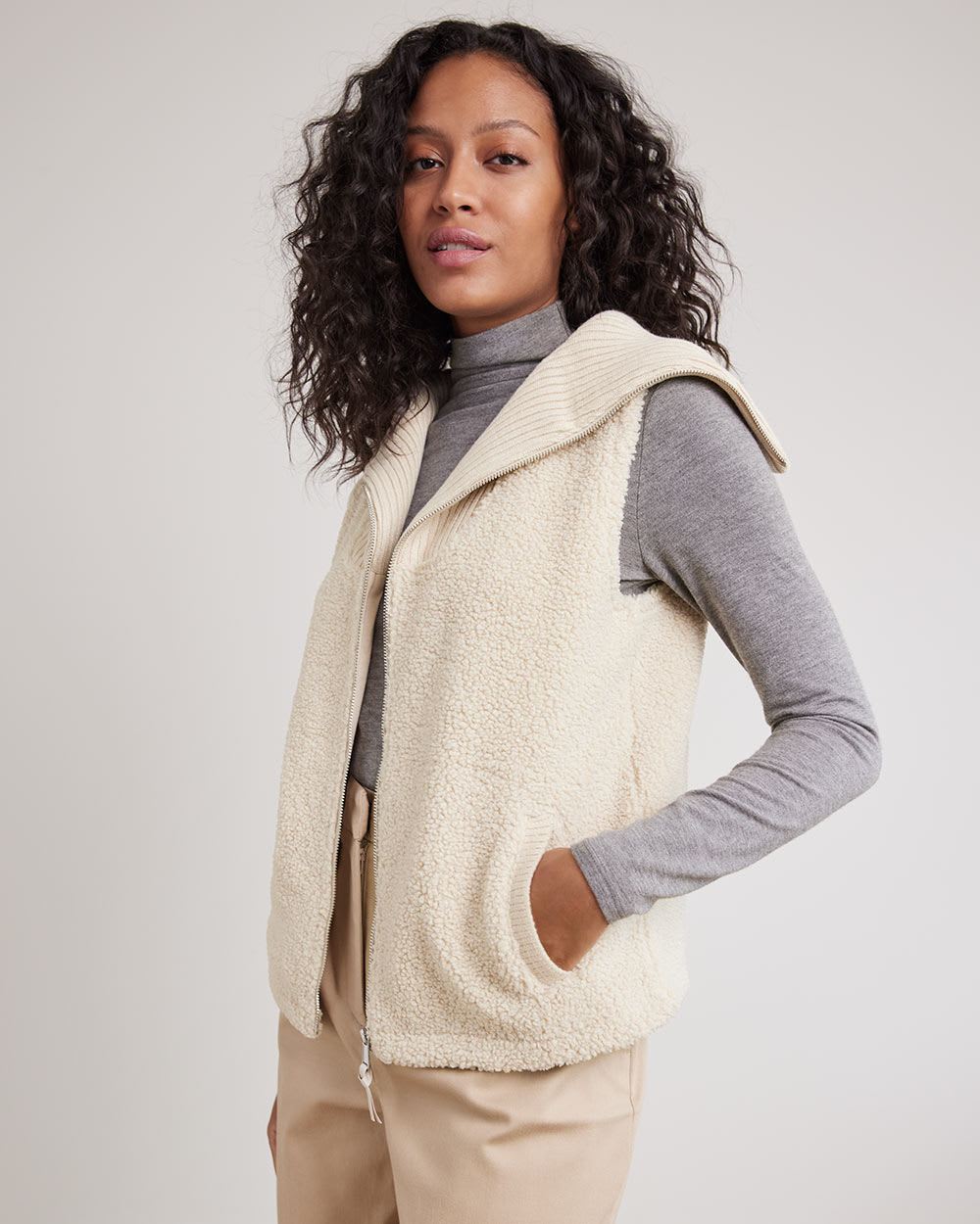 High-Neck Sherpa Vest with Zipper Closure