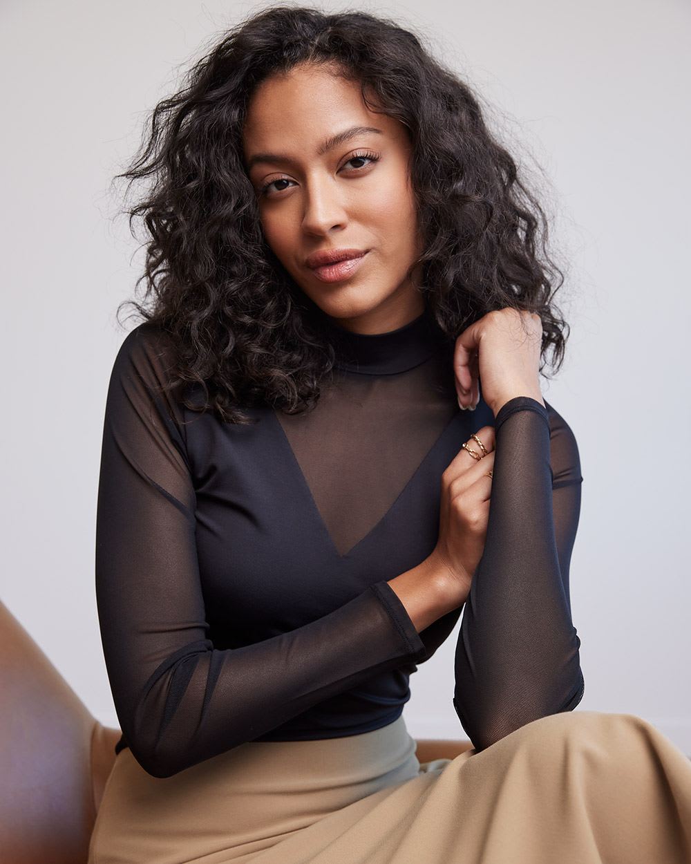 Sheer-Long-Sleeve Mock-Neck Tee