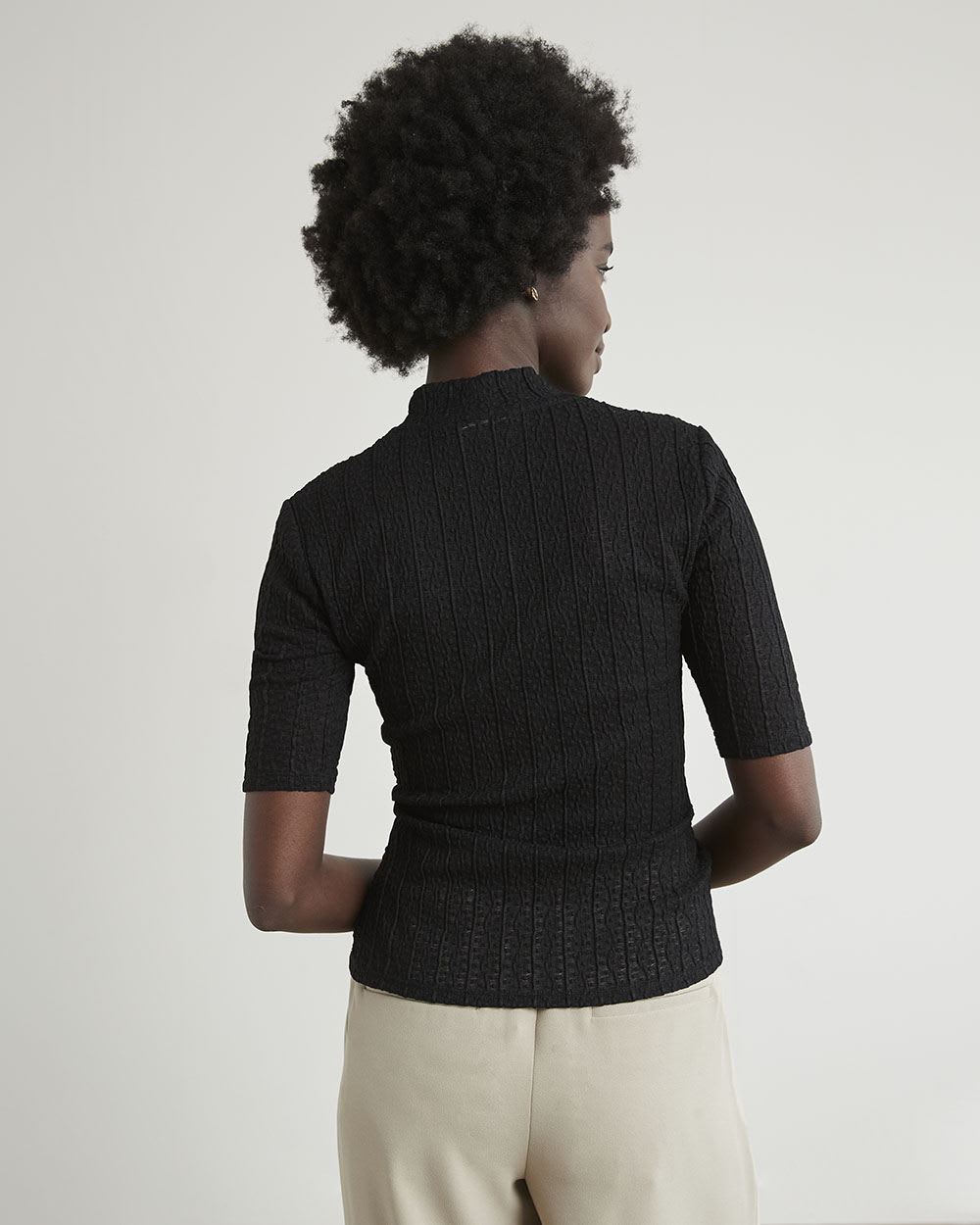 Elbow-Sleeve Sheer Lace Tee with Mock Neckline