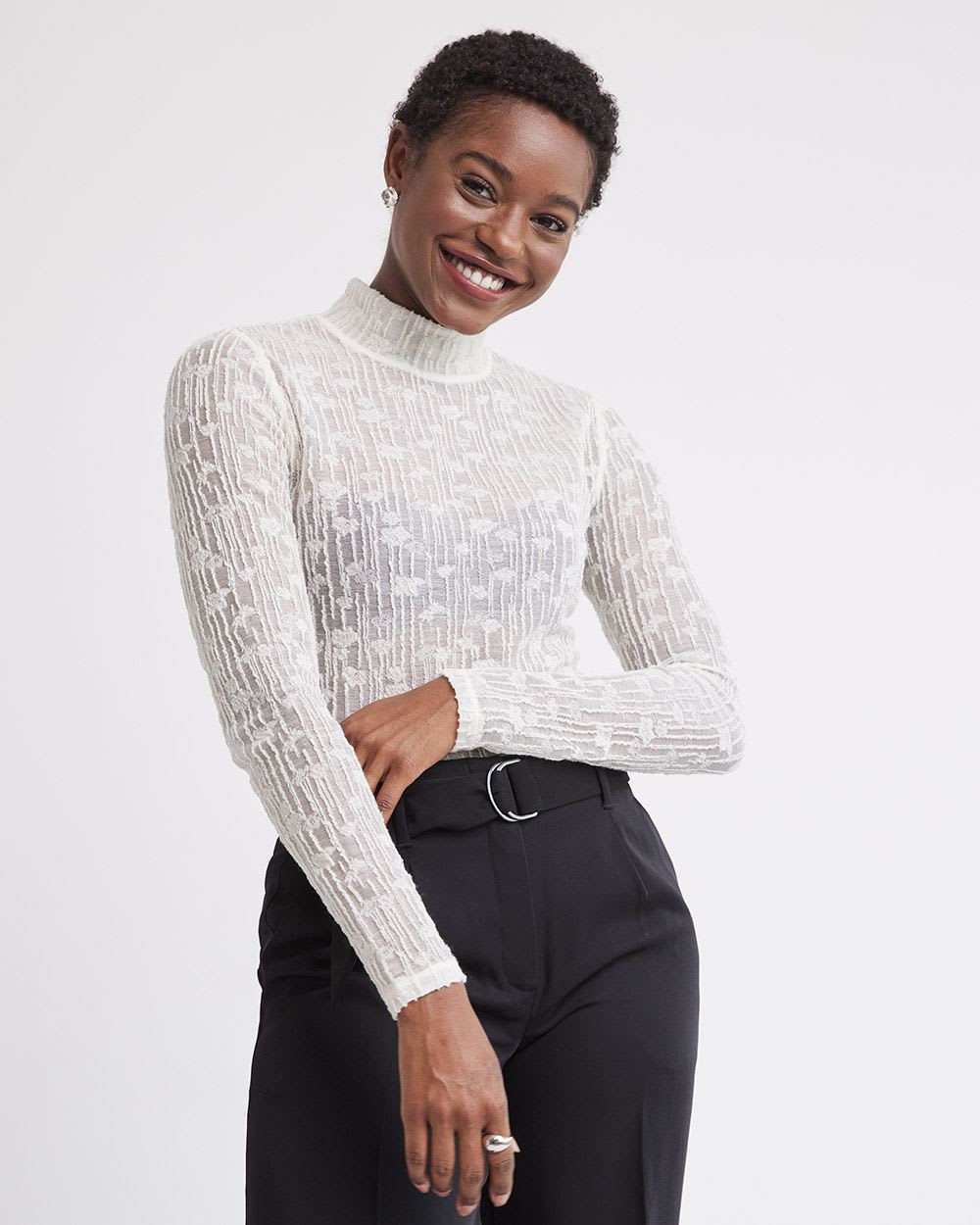 Long-Sleeve Mock-Neck Wool Lace Top