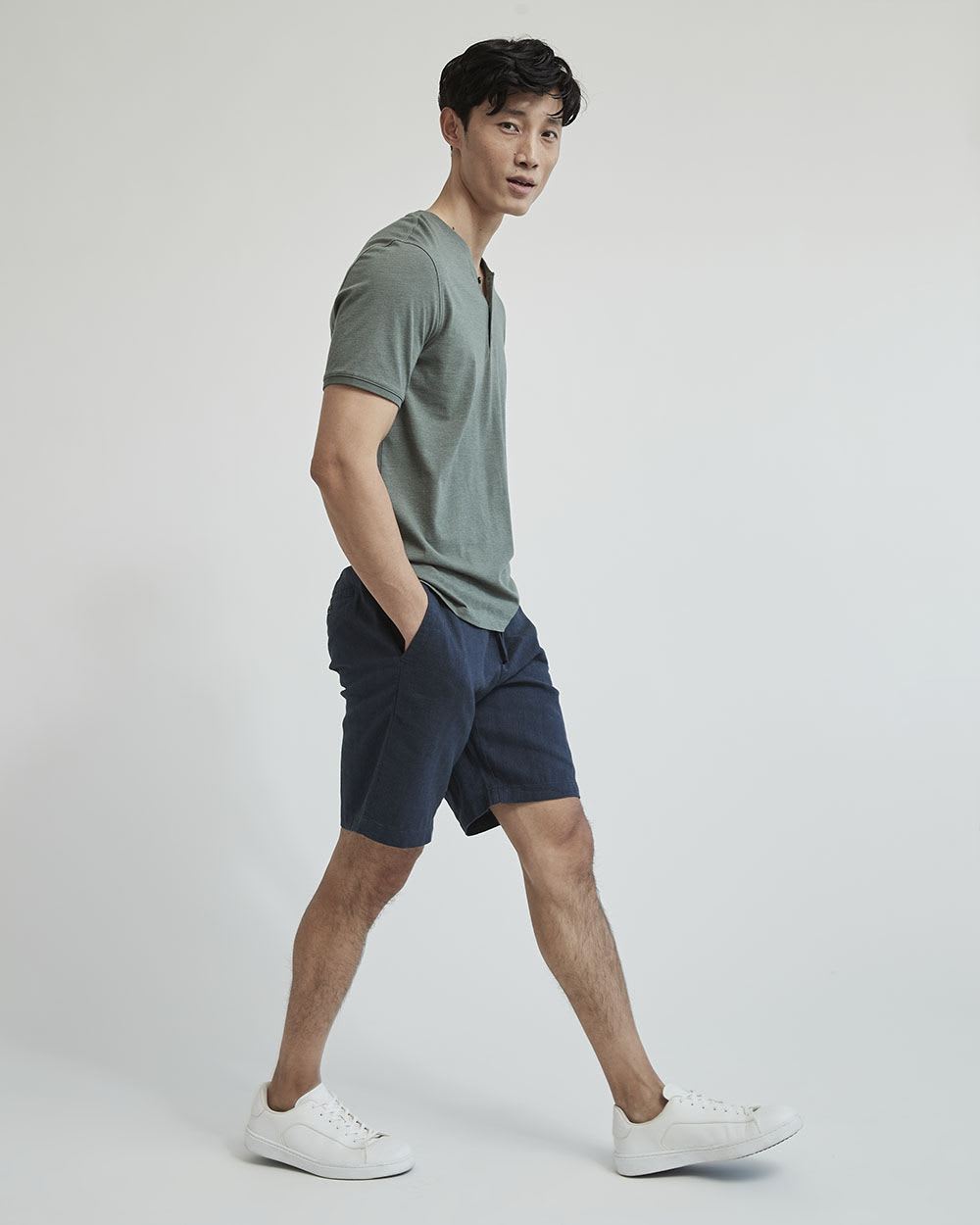 Solid Short-Sleeve Tee with Henley Neckline