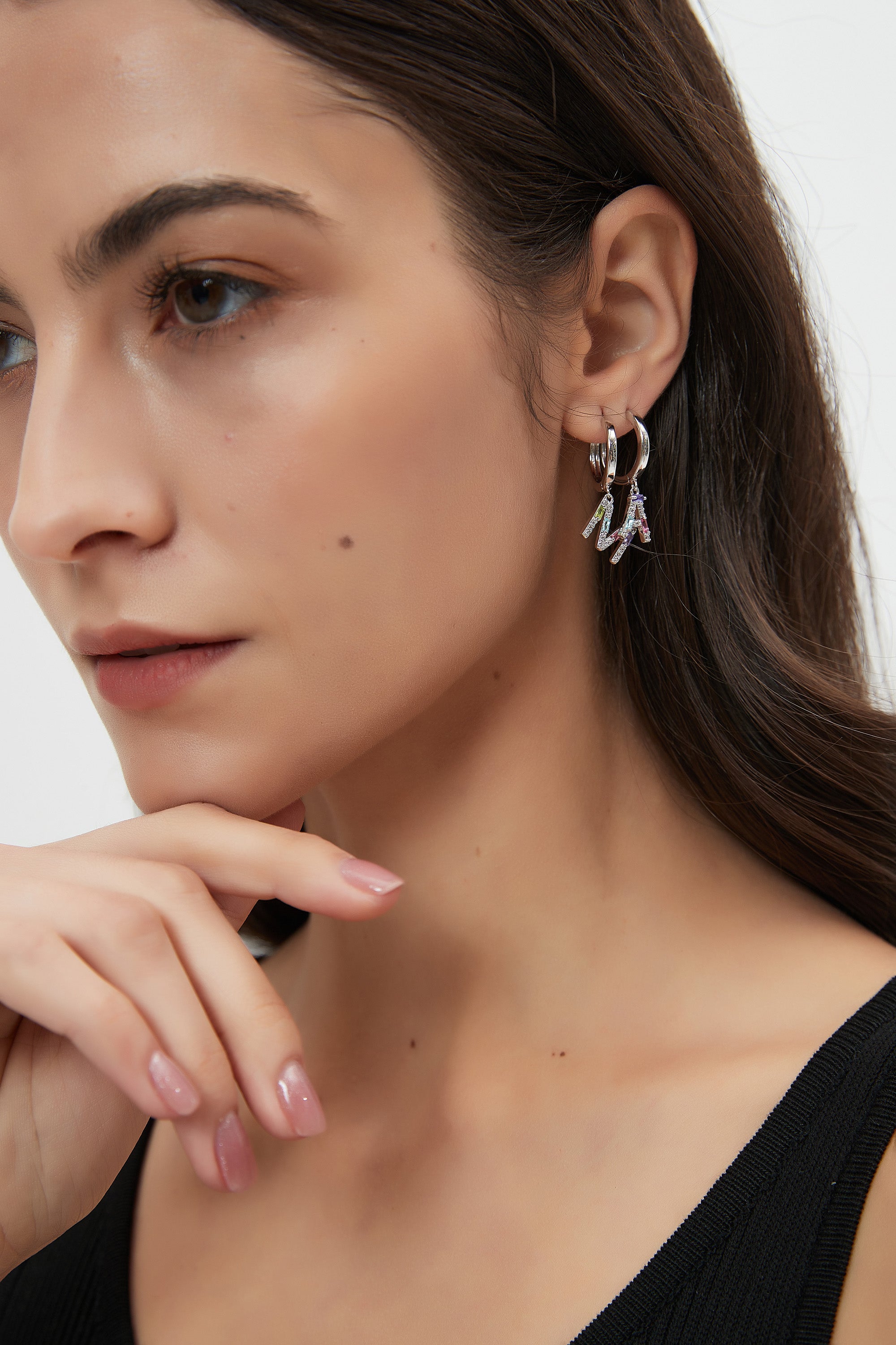 Classicharms-Single Pavé Initial Charm Drop Huggie Hoop Earring-Letter B