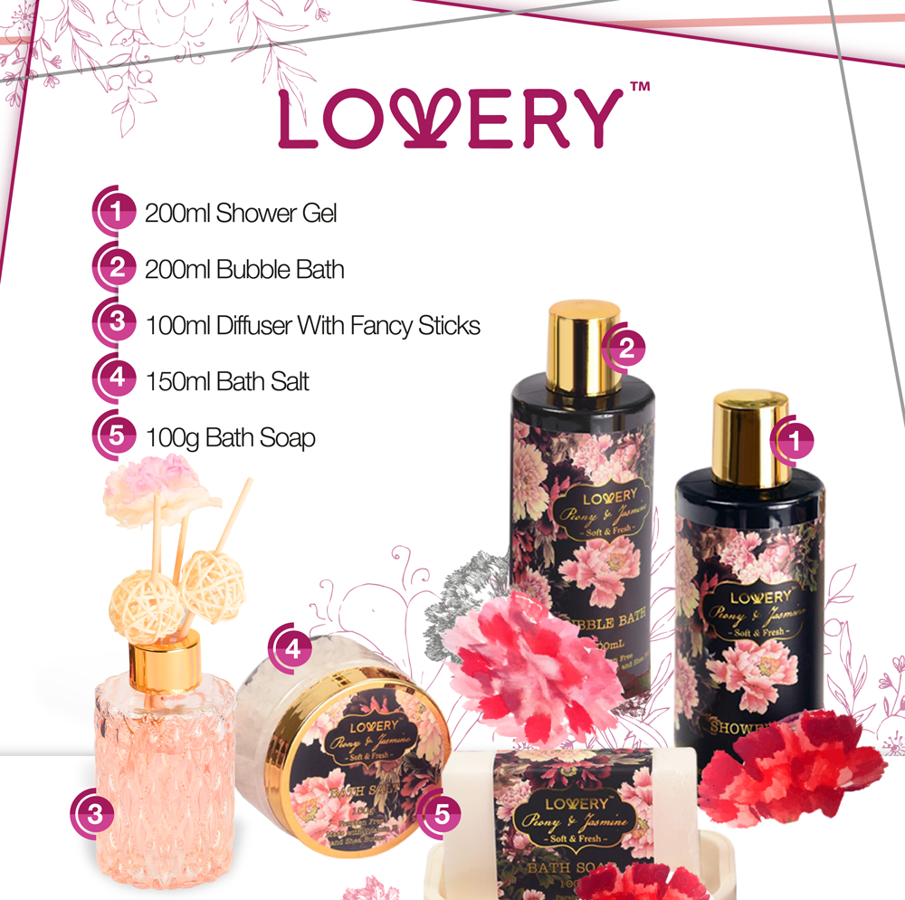 Lovery Home Spa Gift Basket Set - Bath & Shower Caddy - Luxury Fresh Peony - 11pc