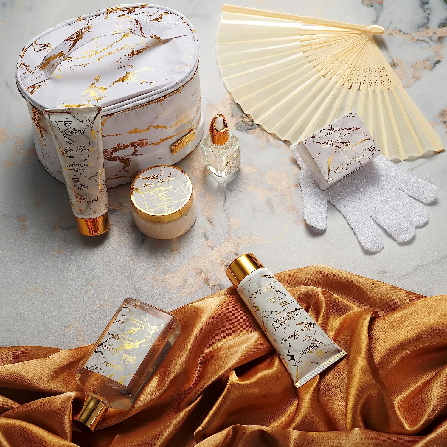 Lovery 9pc White Jasmine Home Spa Set With Cosmetic Bag, Bath And Body Self Care Gift