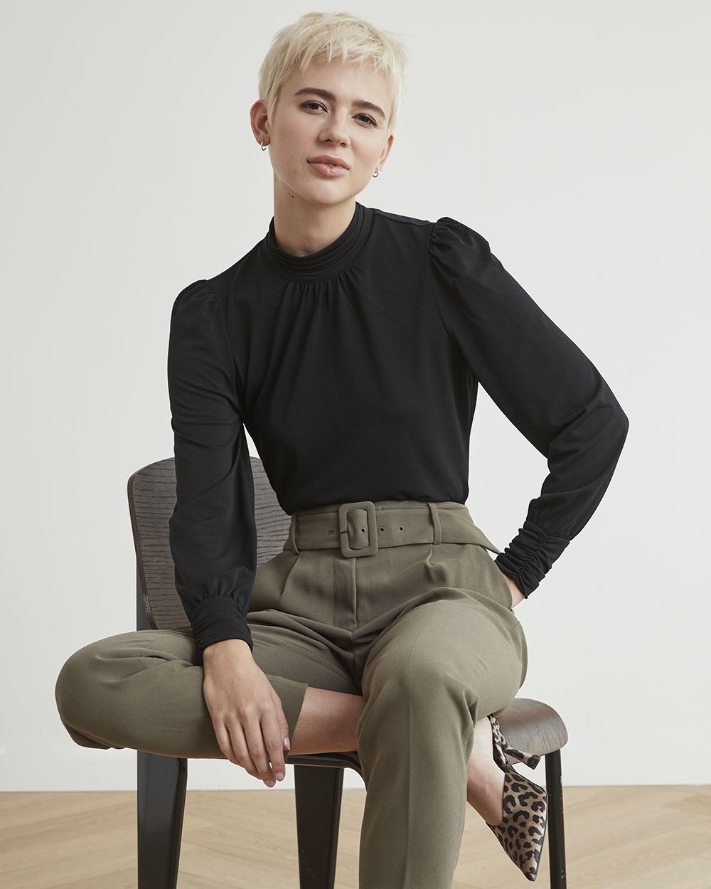 Mock-Neck T-Shirt with Long Puffy Sleeves