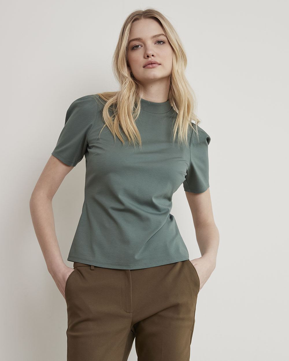 Mock-Neck T-Shirt with Short Puffy Sleeves