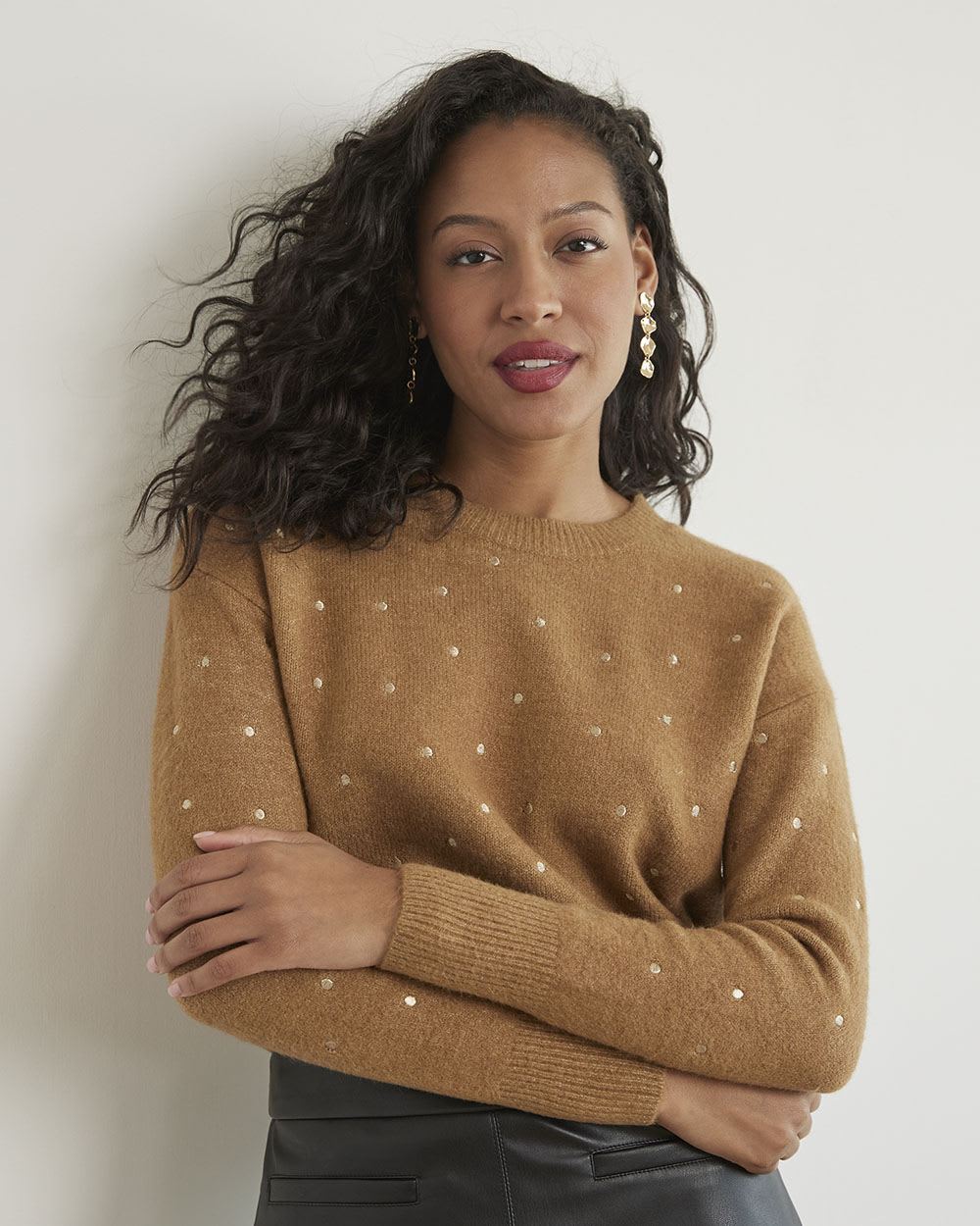 Long-Sleeve Crew-Neck Sweater with Embroidered Pattern