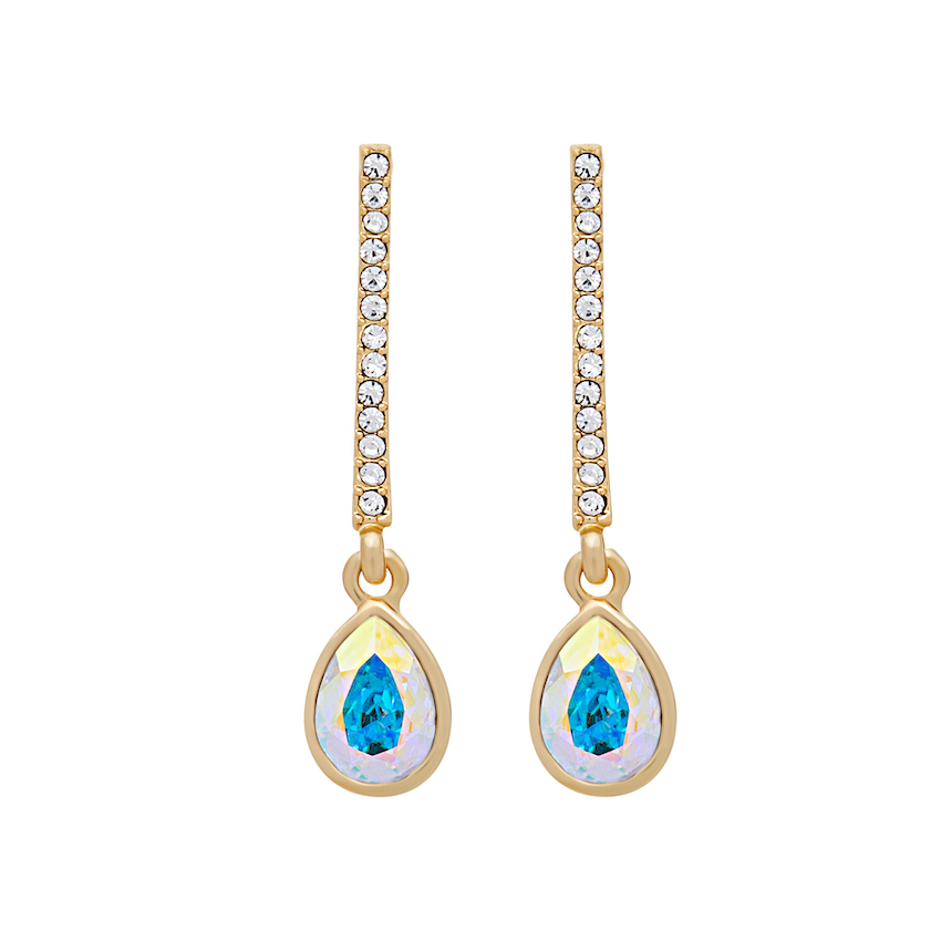 Goldtone Crystal Encrusted Bar Earrings with AB Teardrops - callura