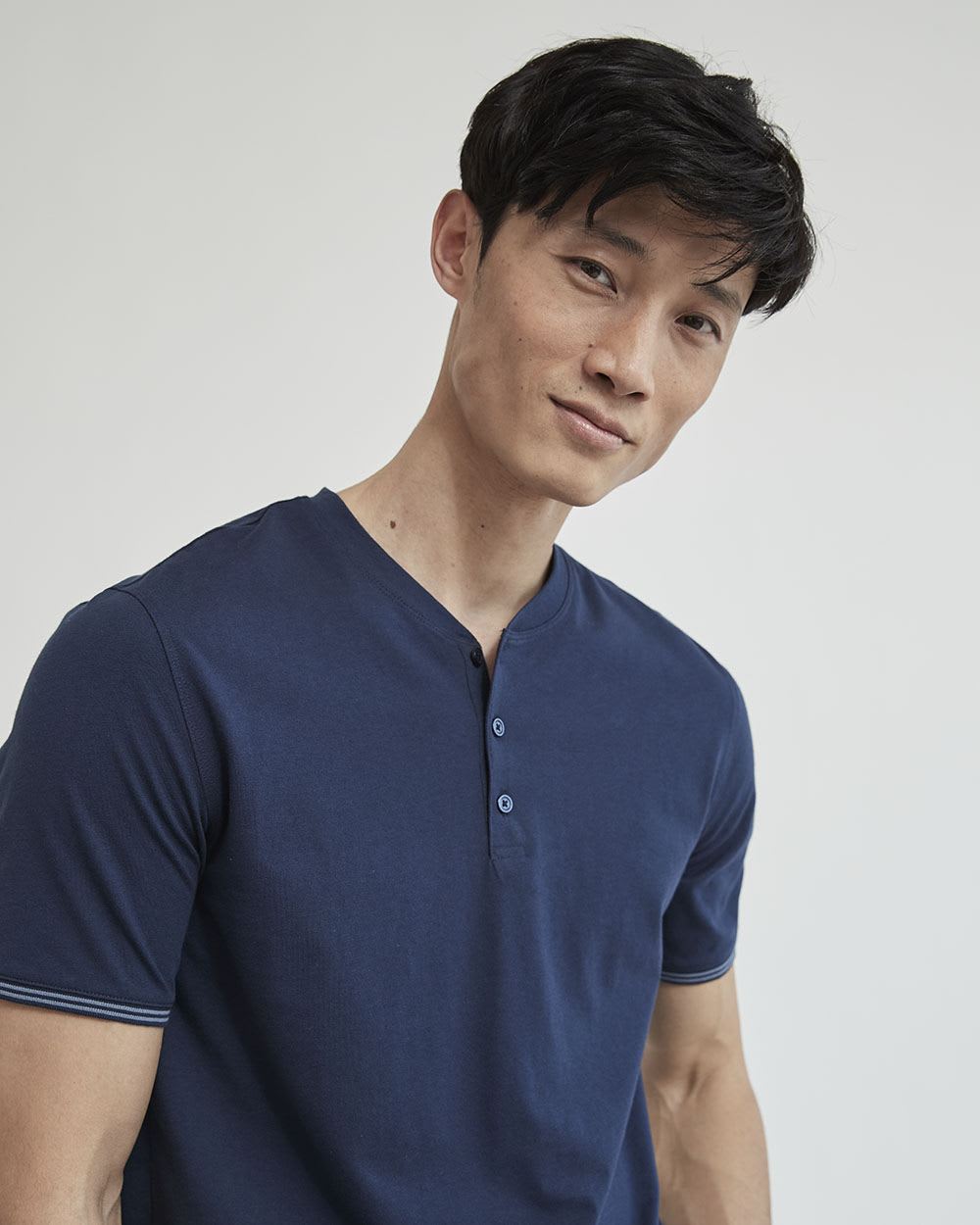 Solid Short-Sleeve Tee with Henley Neckline