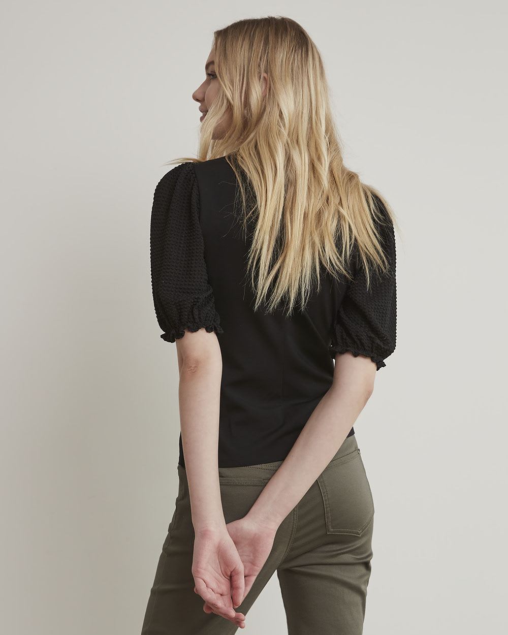 Mock-Neck T-Shirt with Short Puffy Sleeves