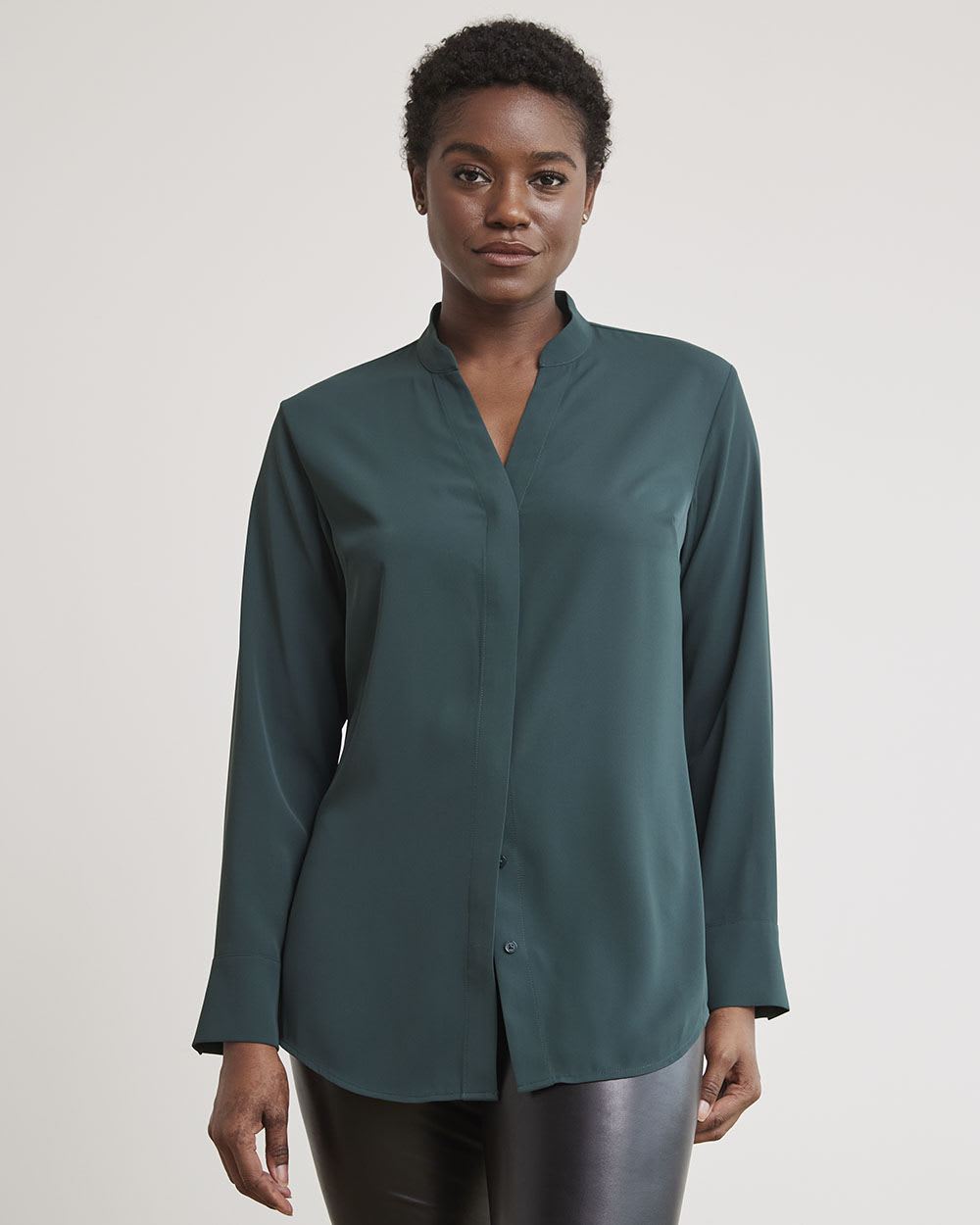 Long-Sleeve V-Neck Crepe Popover Blouse