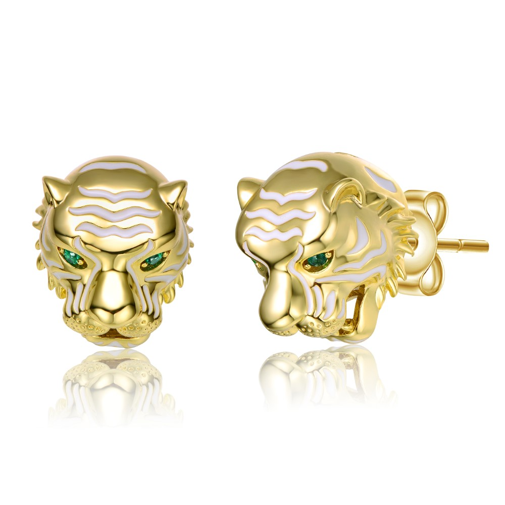 RG 14k Yellow Gold Plated with Emerald Cubic Zirconia White Enamel Roaring Tiger Head 3D Stud Earrings