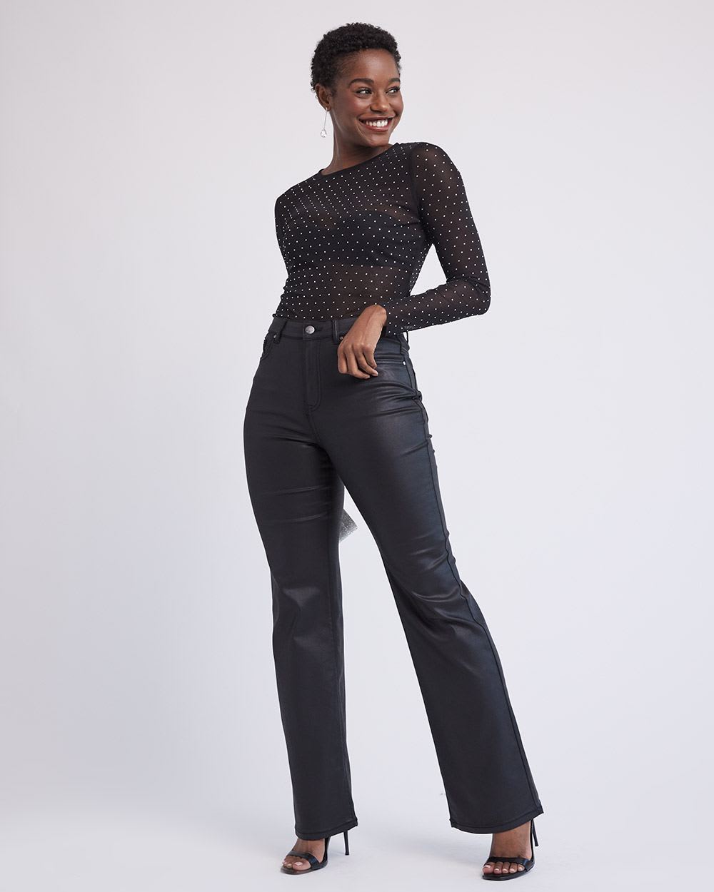 Long-Sleeve Beaded Mesh Tee with Crew Neckline