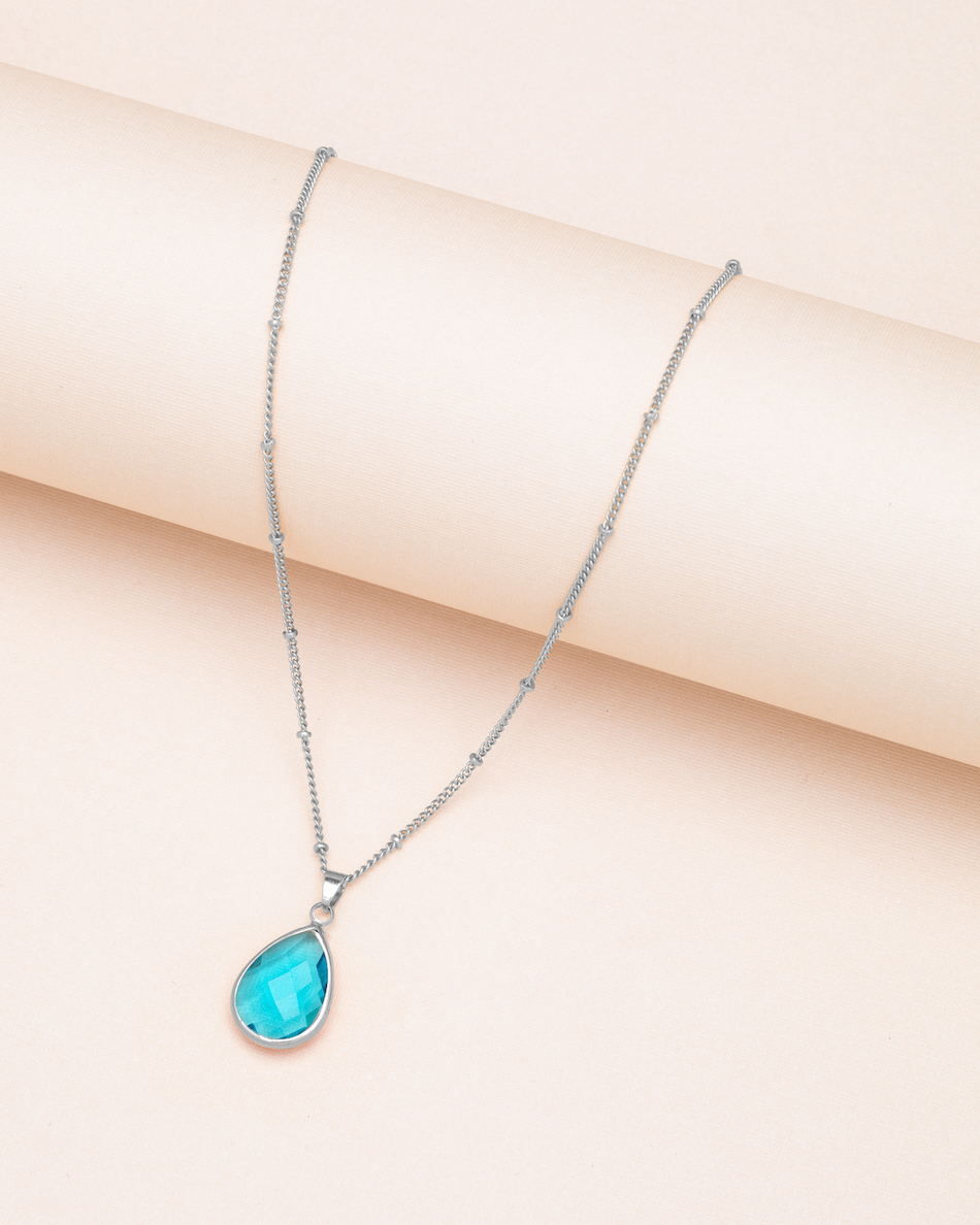 Goldtone March Aqua Blue Birthstone Teardrop Necklace - Don't AsK