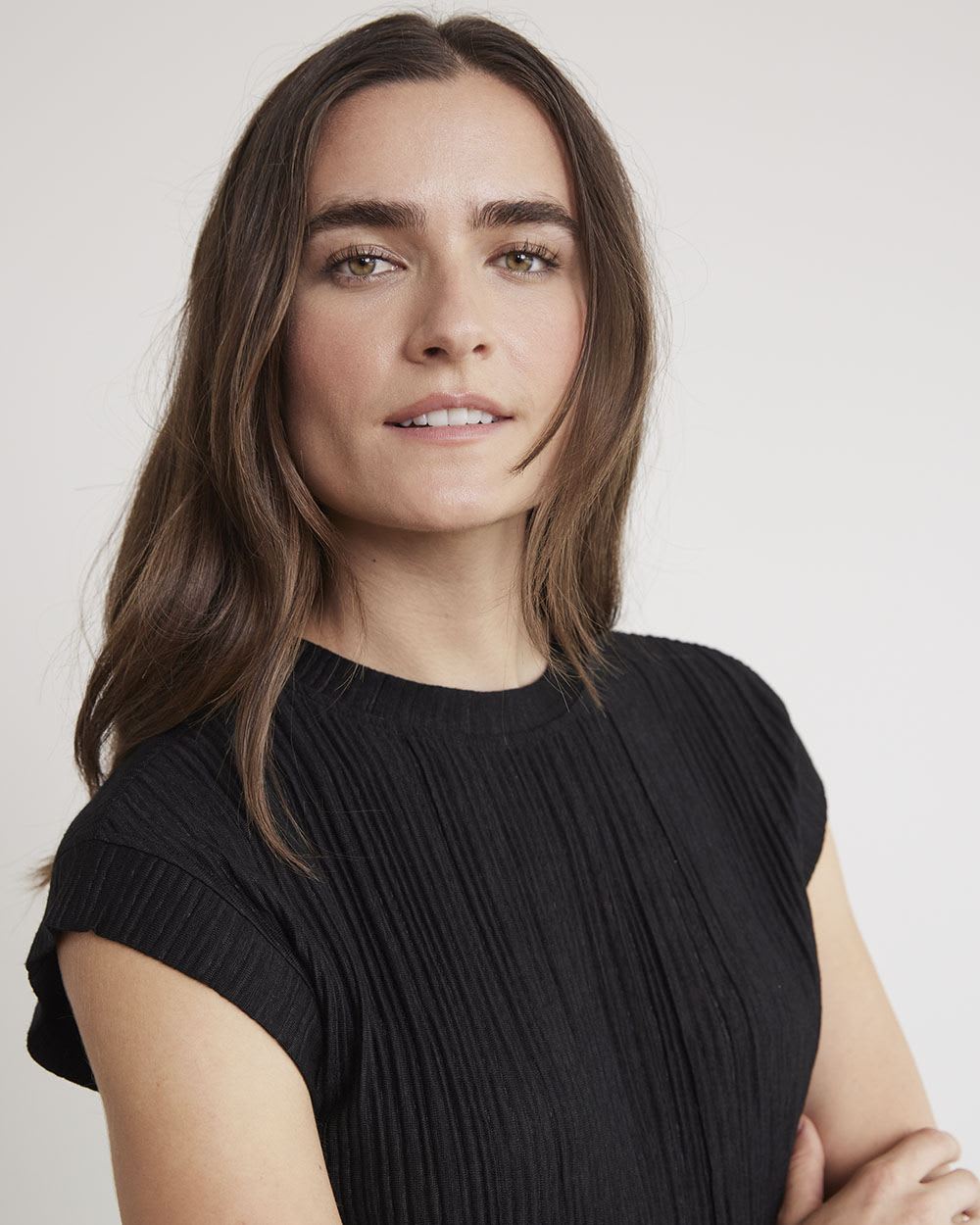 Crinkle Crew-Neck Cap Sleeve T-Shirt