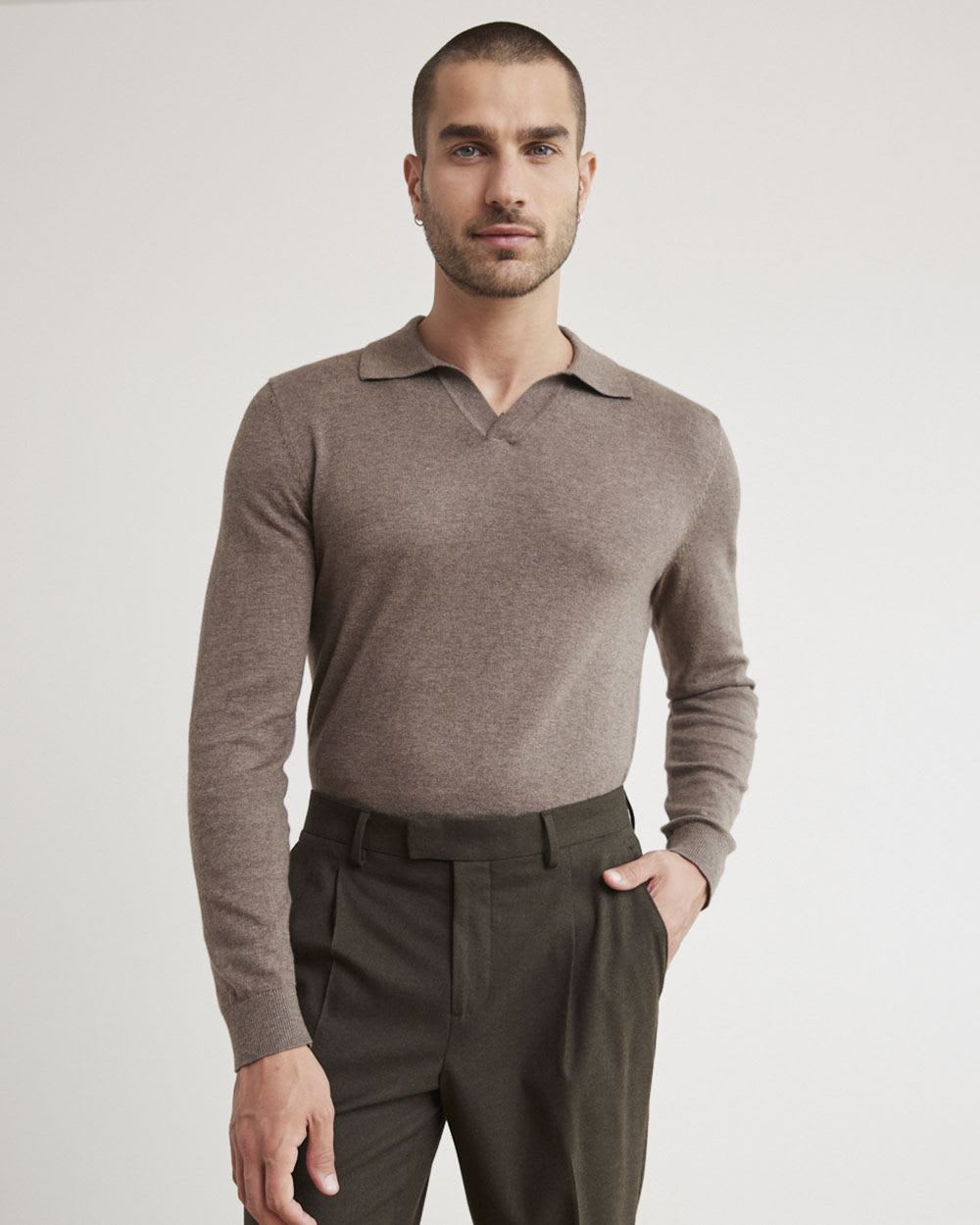 Long-Sleeve Cotton Polo with Johnny Collar