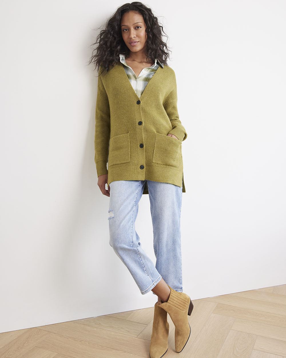 V-Neck Buttoned-Down Relaxed Cardigan