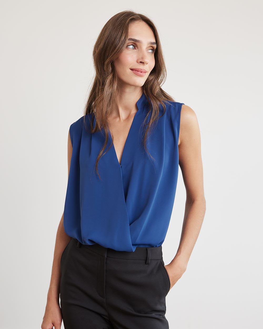Sleeveless Popover Wrap Twill Blouse
