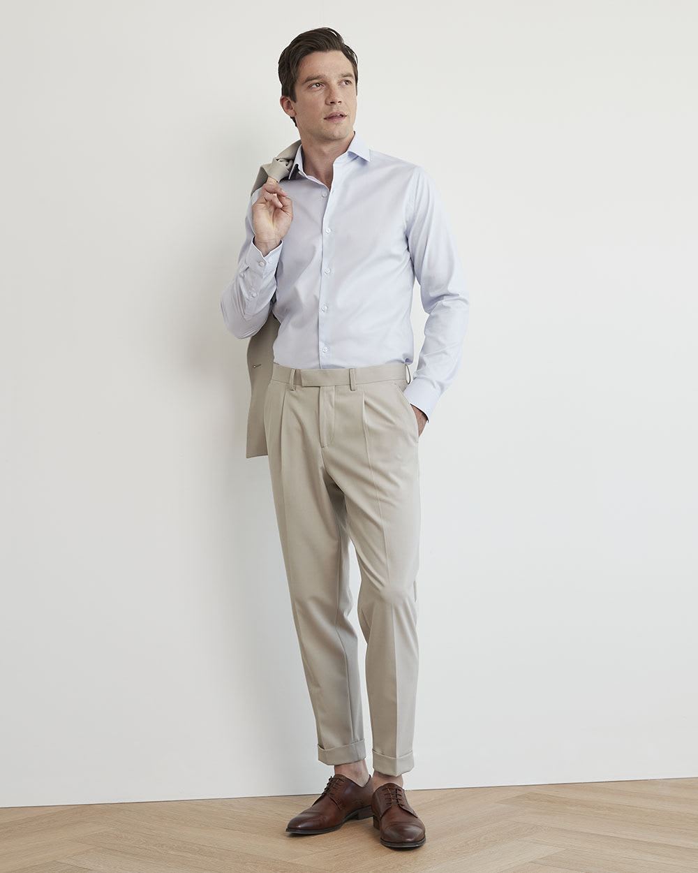Pleated Solid Tapered-Leg Suit Pant