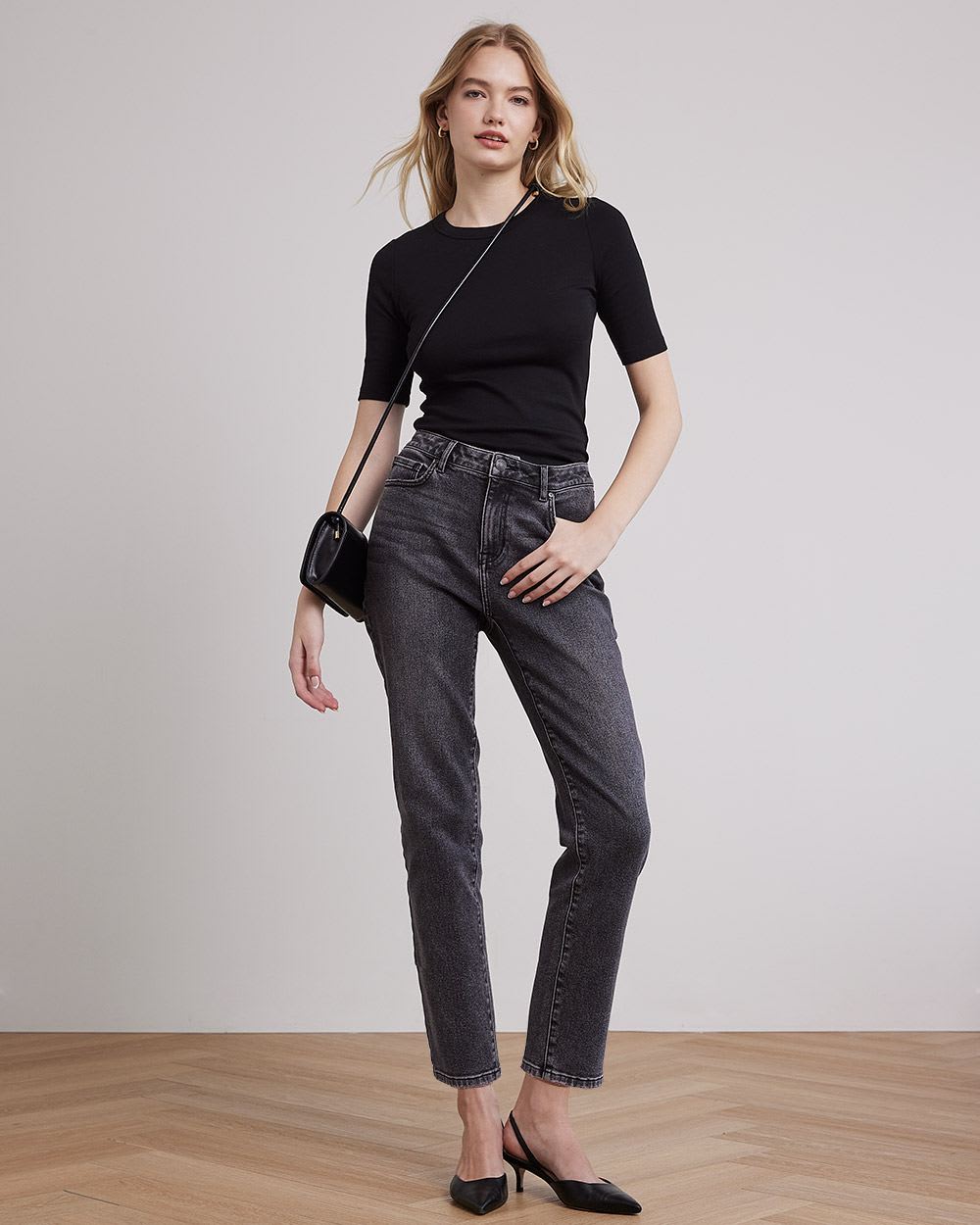 Elbow-Sleeve Crew-Neck Fitted Ribbed Tee