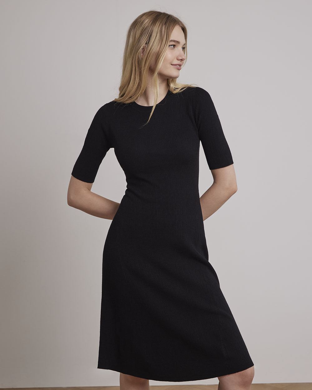 Fit and Flare Elbow-Sleeve Midi Dress