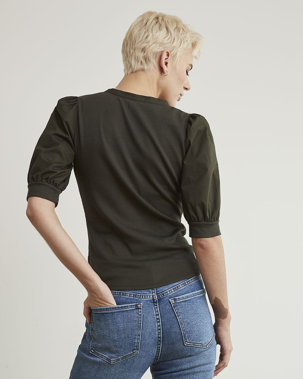 Mix-Media Henley Top with Short Puffy Sleeves